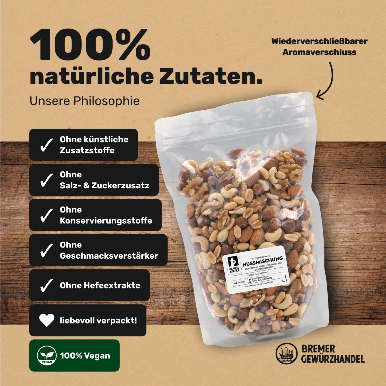 Bremer Gewürzhandel Nussmischung 1 Kg aus Cashewkernen, Walnüssen, Erdnüssen, Mandeln & Haselnüssen, ungesalzen - Nussmix, Studentenfutter Großpackung, Nüsse ohne salz, Studentenfutter ohne Rosinen