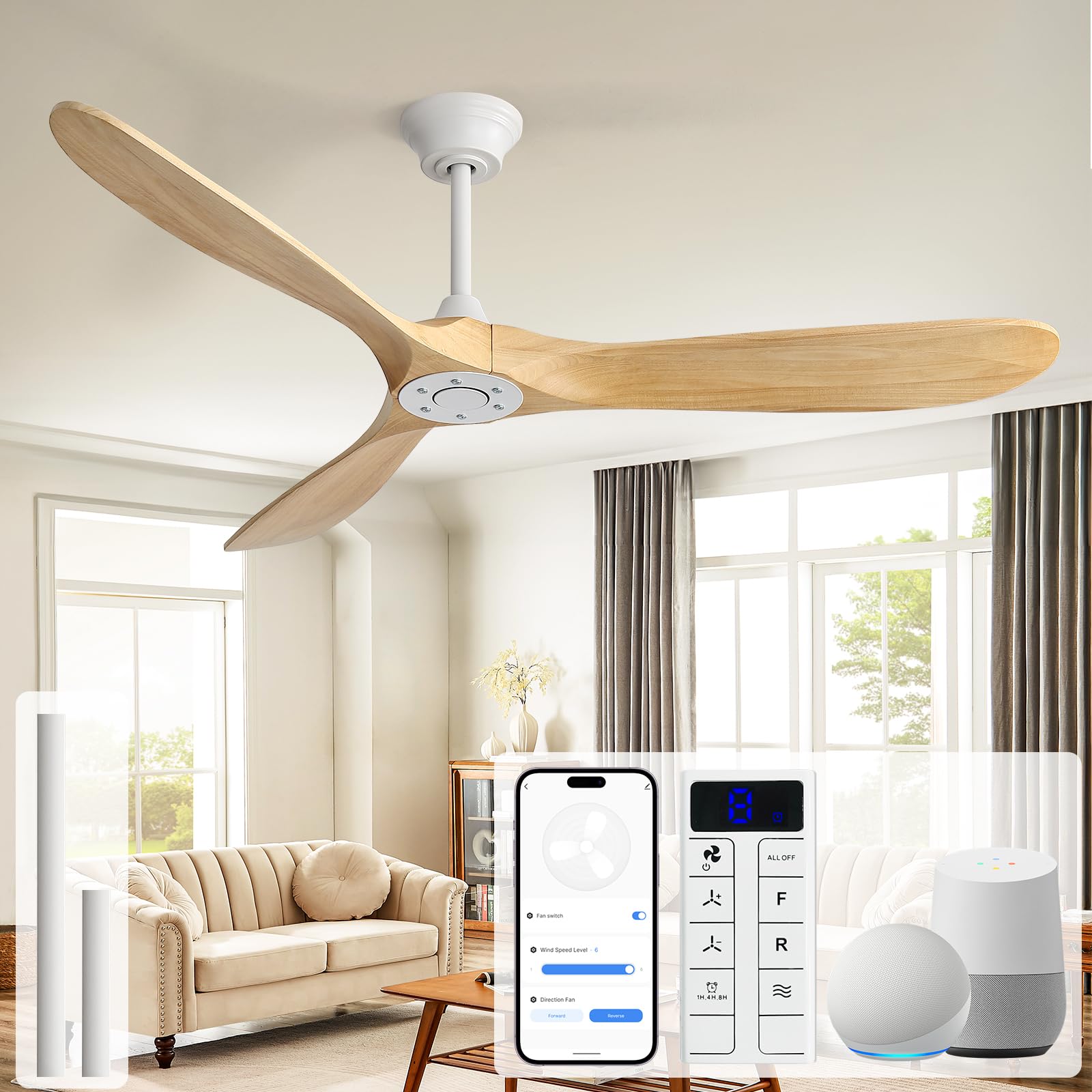 Sofucor 52" Wood Ceiling Fan with Lights & Remote -30