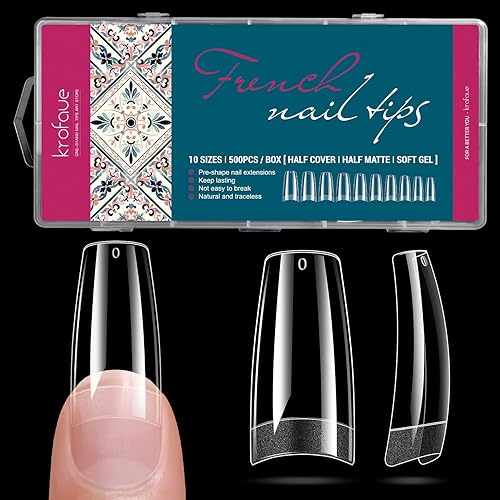 krofaue French Nail Tips - Acrylic Soft Gel False Tips 500PCS Half Cover Square Fake Nails for Women Half Matte French Tip Press on Nails 10 Sizes