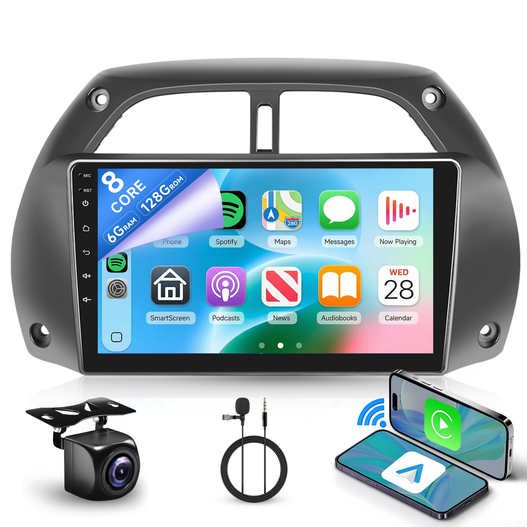 Rimoody 8 Kerne 6+128G Android Autoradio für Toyota RAV4 2001-2006 9 Zoll Touchscreen Radio Kabellos Carplay mit Android Auto Mirror Link Bluetooth FM/RDS/EQ/DSP WiFi GPS Navi Rückfahrkamera