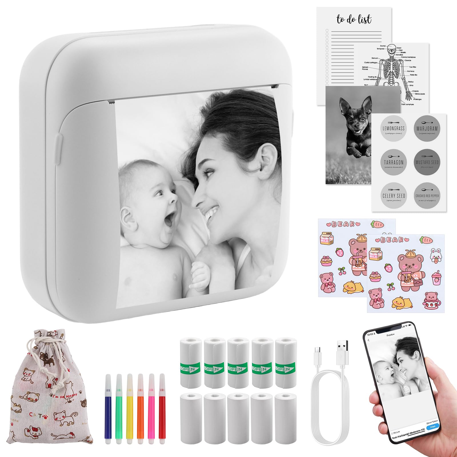 eSynic Mini Stampante Termica Portatile Bluetooth Ricaricabile Bianco con 10 Rotoli Carta e 6 Pennarelli