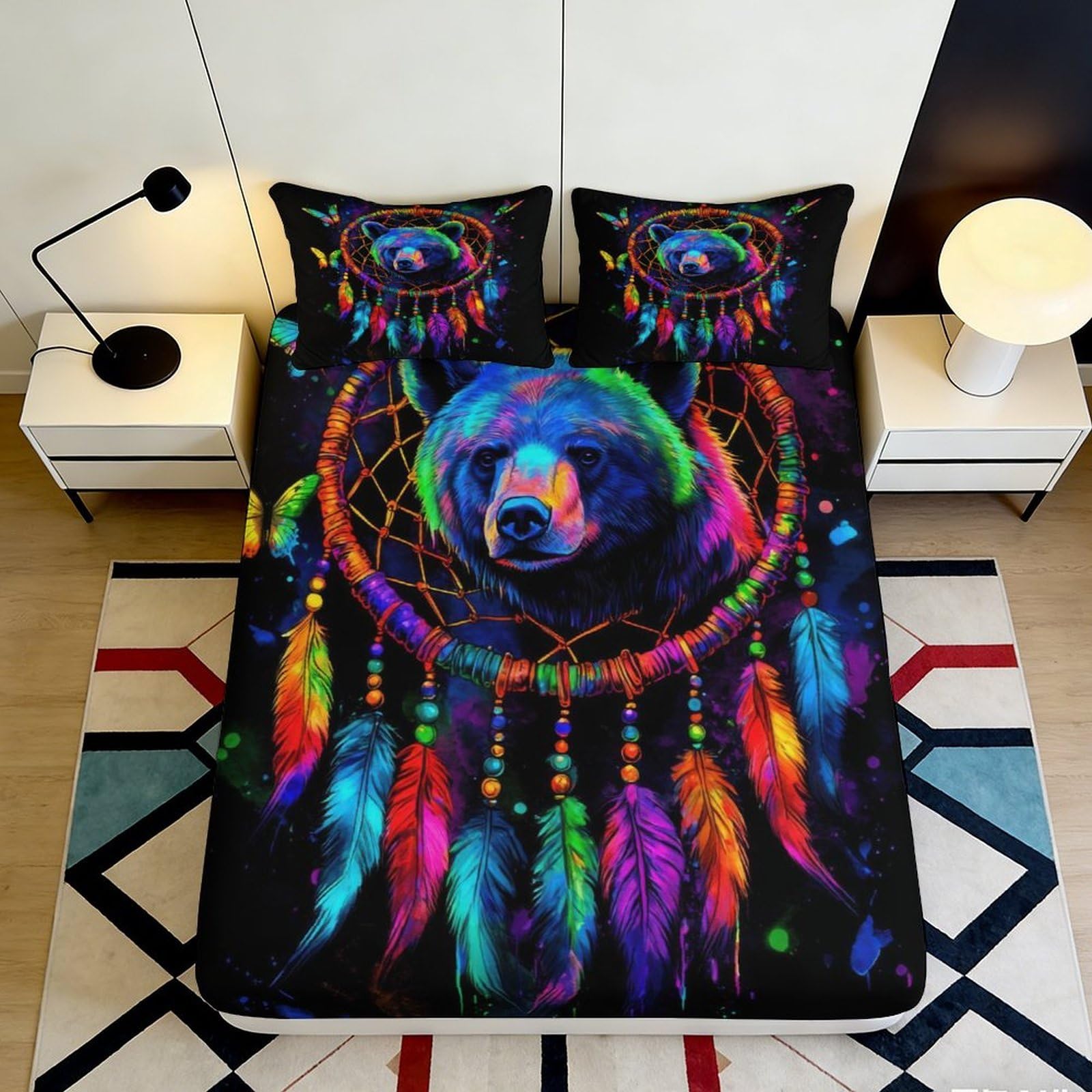 3D Printed Dreamcatcher Bear Fitted Sheet Microfiber Vibrant Feather Bed Cover for Bedroom Dorm Home Decor Mattress Protection 90x200x25cm