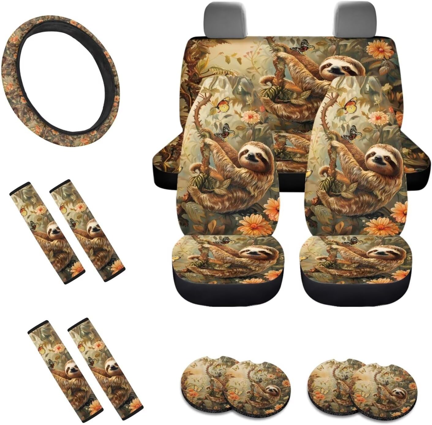 Butterfly Moon Rose Pattern Car Accessories Pack of 13, Comfortable Car Seat Covers Full Set, Steering Wheel Cover and Seat Belt Protector, Coasters with Finger Notch for Women and Men