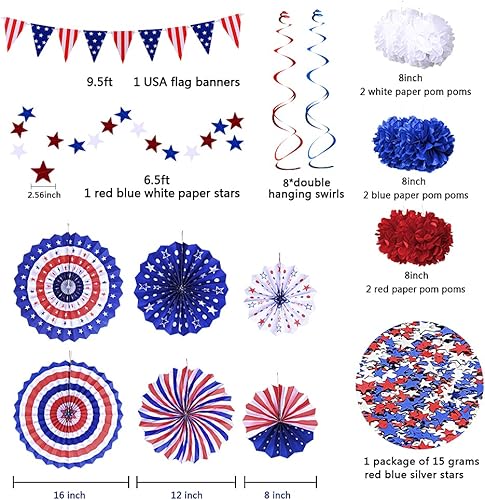 Miniatura 5 de Juego de decoraciones patrióticas del 4 de julio: suministros de fiesta con la bandera estadounidense del 4 de julio, abanicos de papel rojo, blanco