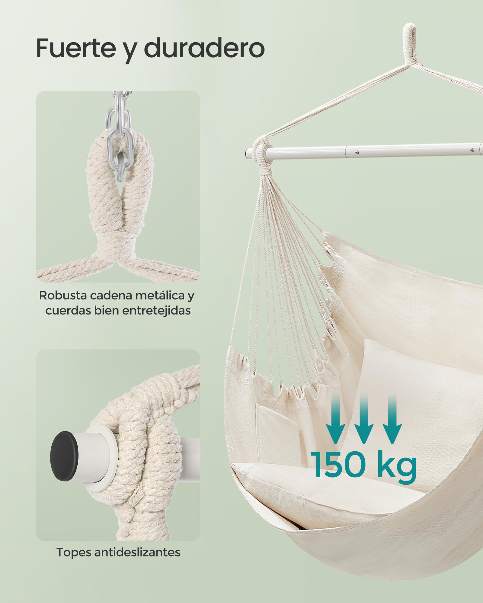 SONGMICS Silla Hamaca, Silla Colgante Grande con 2 Cojines, Silla Colgante con Cadena, Capacidad de Carga 150 kg, para Interior, Exterior, Salón, Dormitorio, Blanco Crema GDC197M01