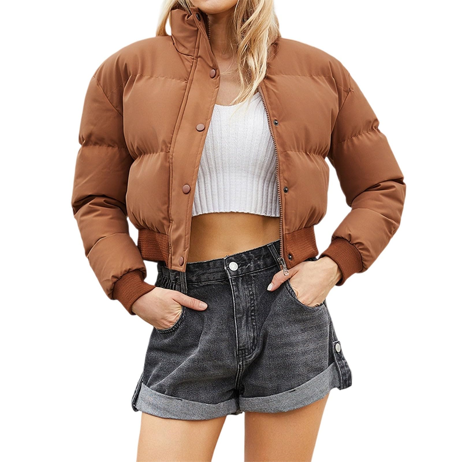 Abrigo Corto de Invierno con Cuello para Mujer Chaqueta Acolchada Informal Holgada de Manga Larga Clima Frío