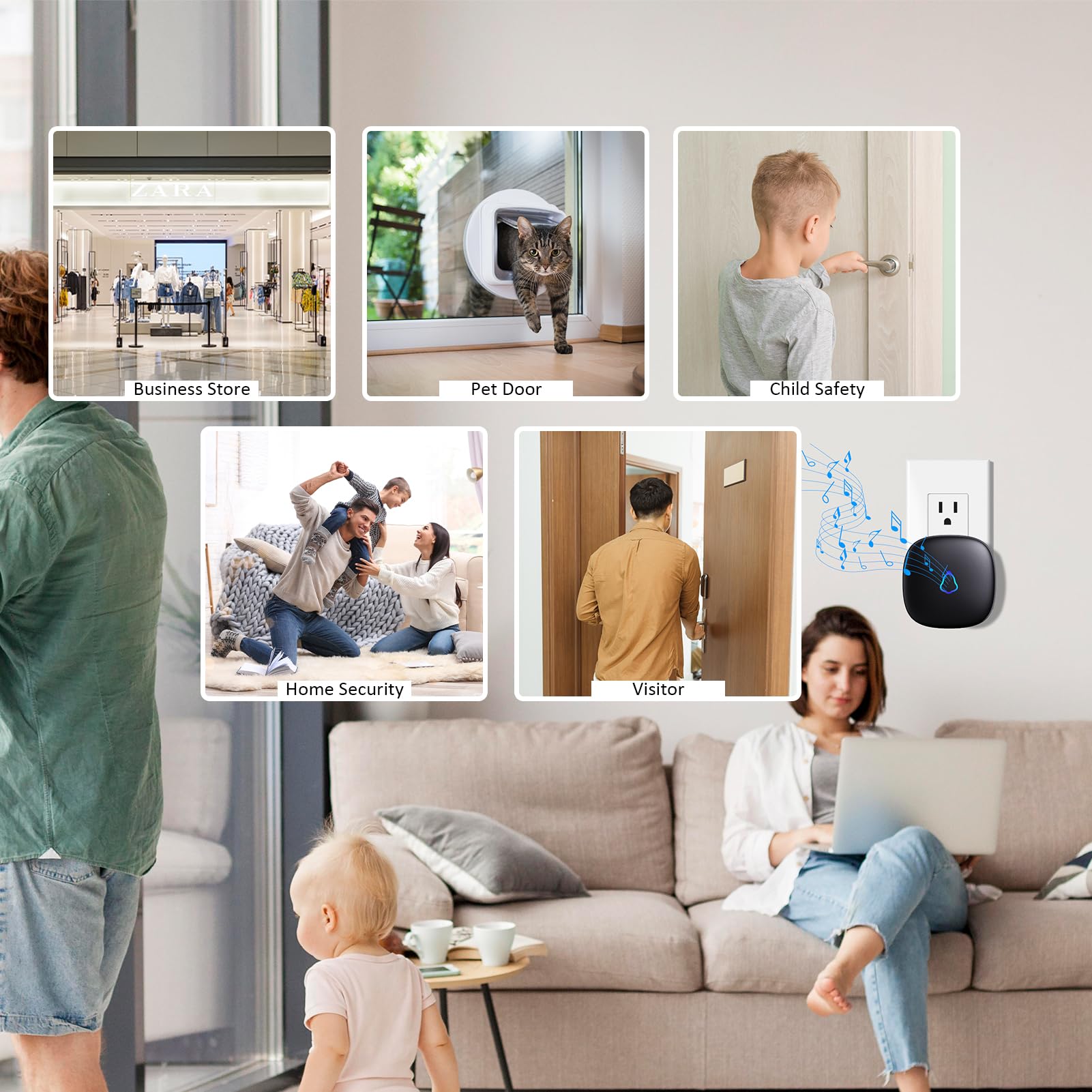 Alarma inalámbrica con sensor de movimiento para interiores, 1 detector PIR + 1 receptor, timbre activado por movimiento para puerta del hogar, entrada de negocios, seguridad de garaje, entrada de