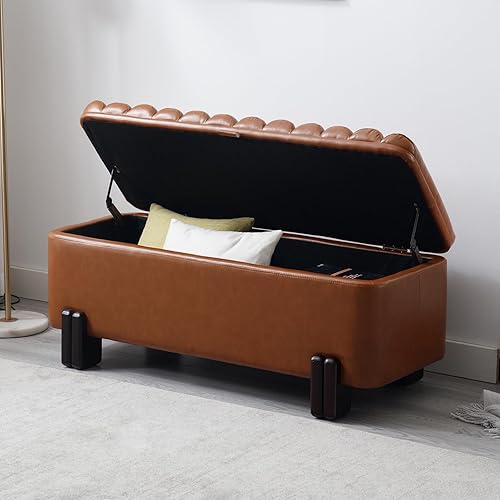 Miniatura 27 de Kmax Banco de almacenamiento de 45 pulgadas, banco otomano tapizado de piel sintética para dormitorio, sala de estar, pasillo, color blanco Oval-