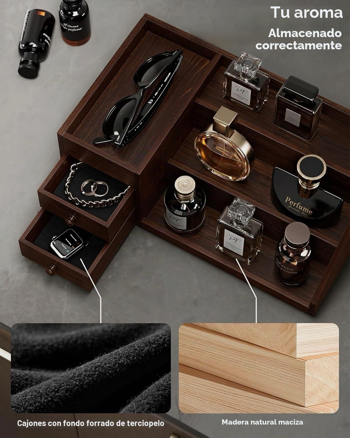 ProCase Organizador de Colonia de Madera con 3 Niveles y Cajones,Estante de Exhibición de Perfumes, Soporte de Escritorio para Fragancias y Cosméticos, Diseño Elevado y Barras Protectores – Marrón