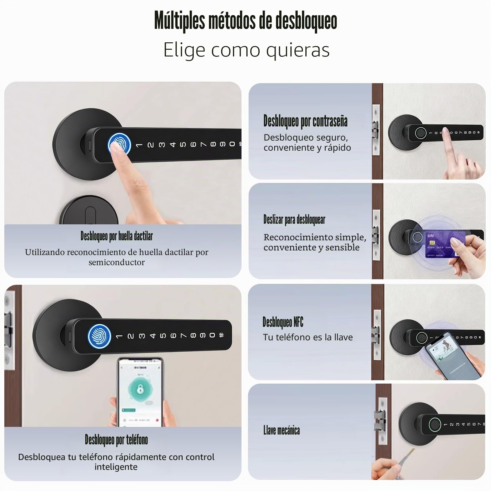 Cerradura de Puerta Inteligente, 5 en 1 Cerradura Electronica Manija de Puerta con Huella Digital, Control Remoto de Aplicación, Tarjeta IC, Código, Llave para Casa, Oficina, Hotel (Circular)