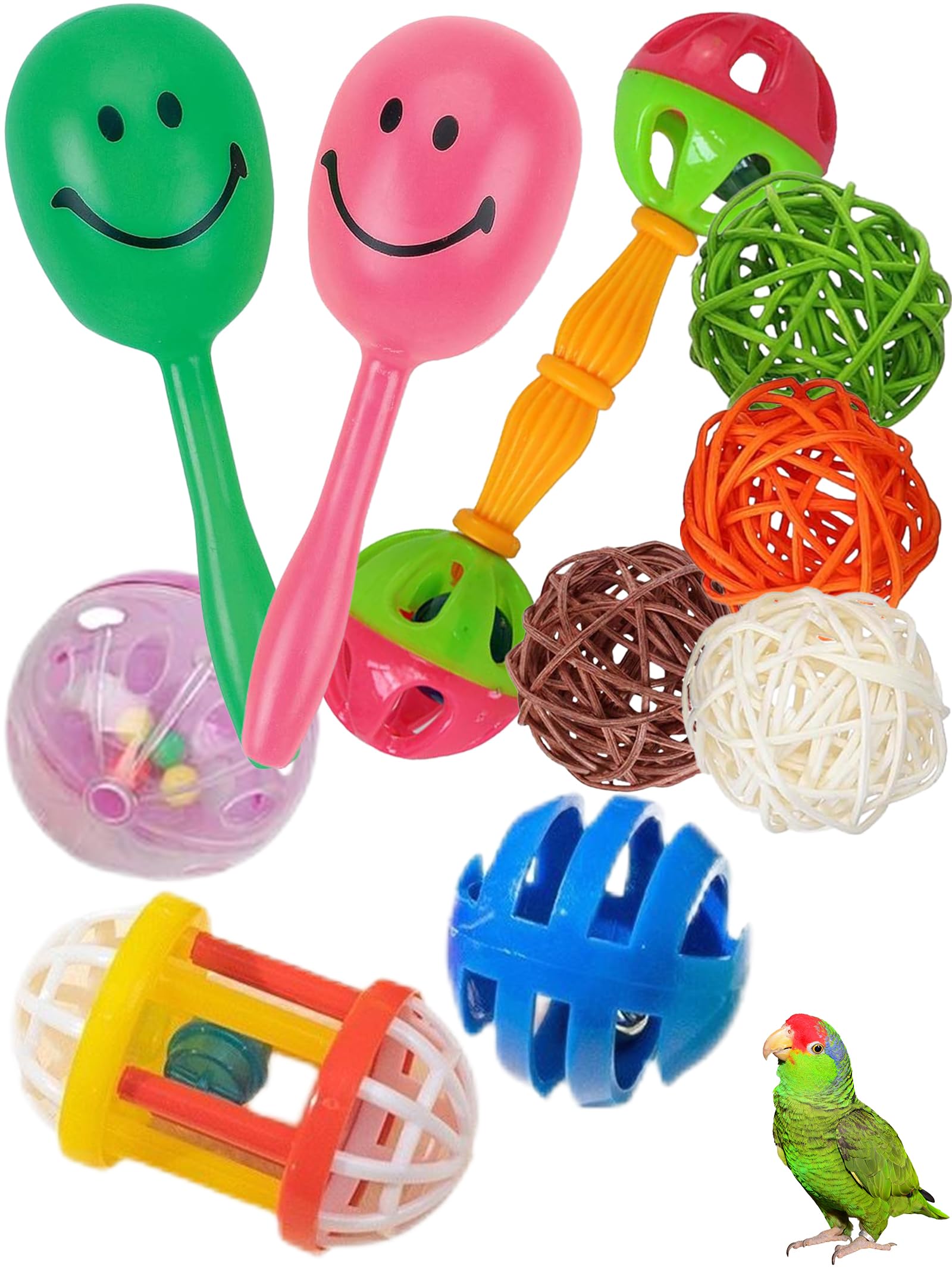 DIYUQISHI 10-Pack Bird Toys for Parrots – Natural Rattan & Plastic Bell Balls – Safe, Fun Cage Decor & Foot Exercise (1.5'' - 5.5'', Bird Toys Value Pack)