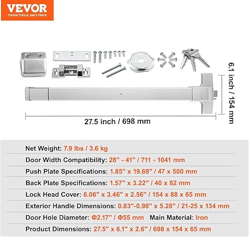Miniatura 6 de VEVOR Cerraduras de puerta de barra de empuje, barras de pánico de acero al carbono para puertas de salida, con palanca exterior y 3 llaves,