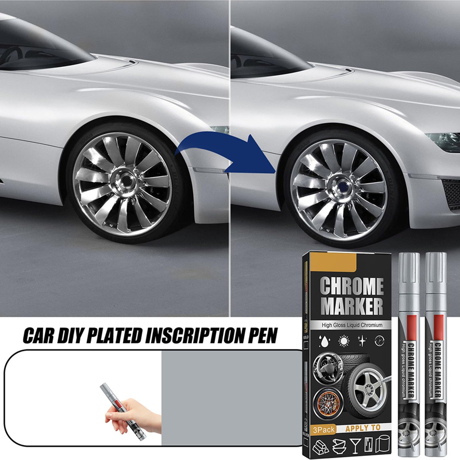 Penna per Ritocco Vernice, 3 Pezzi Pennarello per Vernice per Rimozione Graffi per Riparazione Auto Pennarello per Cromo Liquido Lucido Pennarello per Cromo (#2)