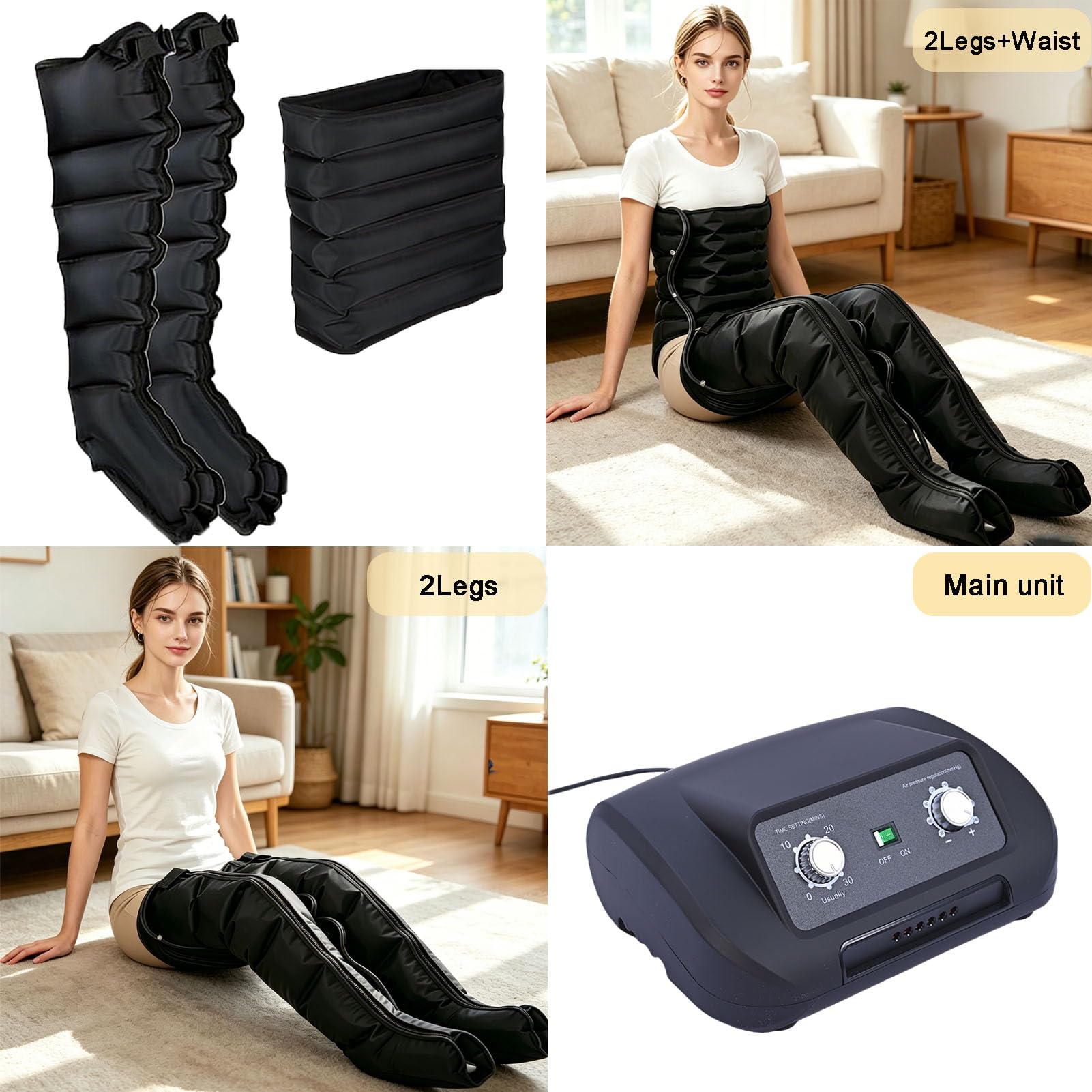 Appareil de Pressothérapie, 6 Chambres, Drainage Lymphatique, Jambes, Ventre et Bras, Pression Réglable 0-240mmHg, Minuteur 0-30 Min (XL, 2legs + waist)