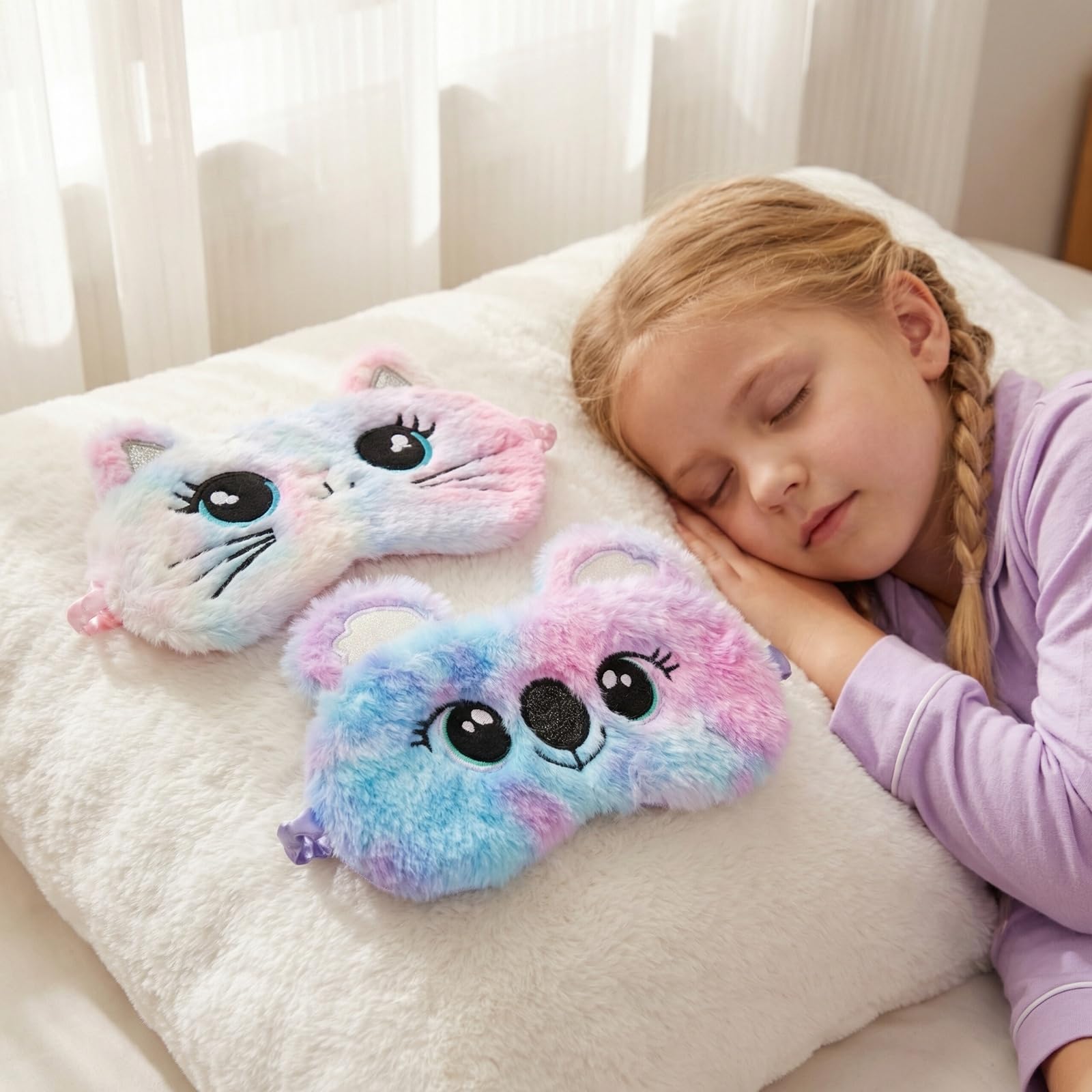 2 mascherine per dormire per bambini, graziose forme di animali, maschera per gli occhi in morbido peluche, adatta per ragazzi e ragazze, per viaggi, per dormire a pranzo e come accessorio per feste