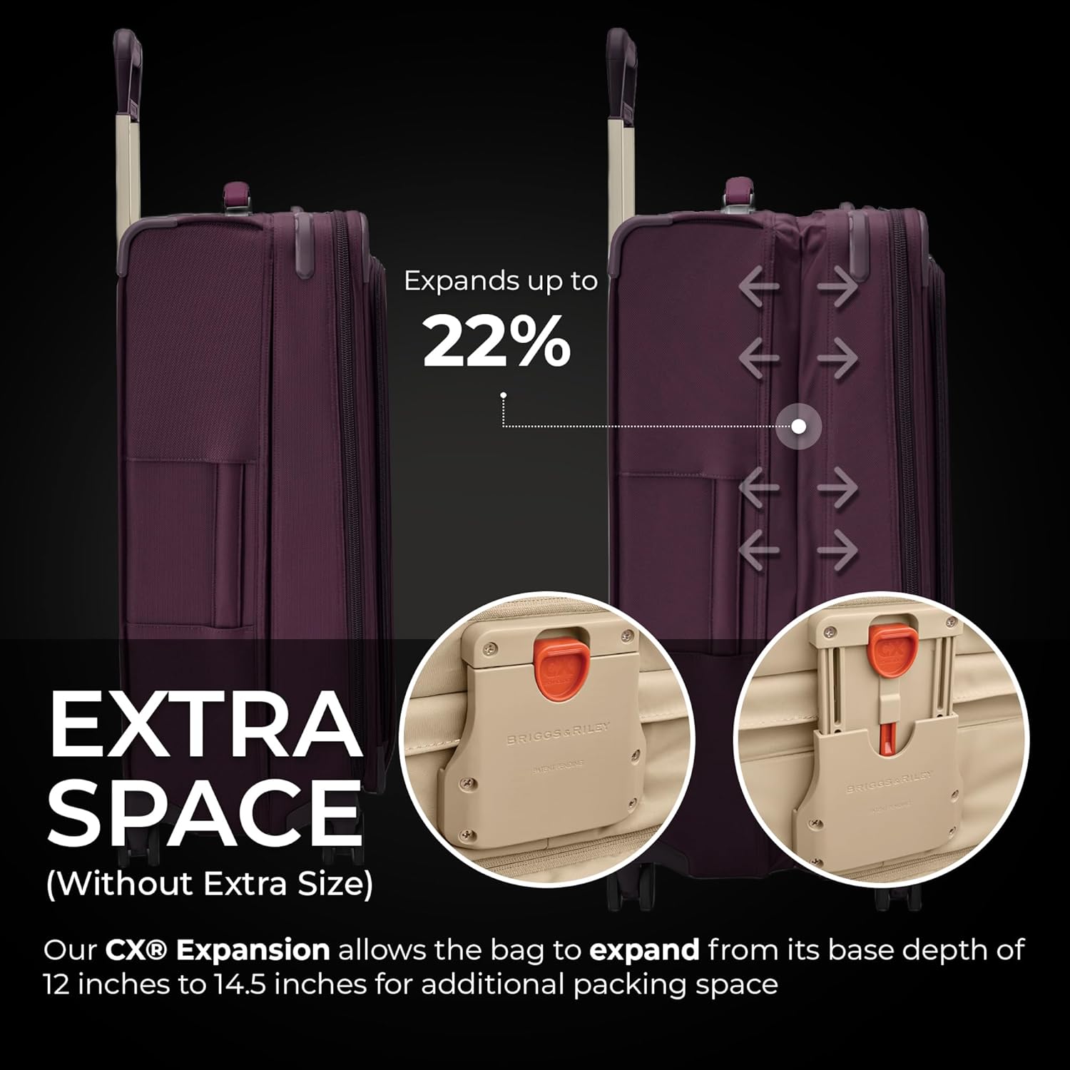 Briggs & Riley 29" Large Expandable Spinner - Checked Luggage for Travel, Suitcases with Wheels, Softside Rolling Bag for Men & Women, Self-Repairing Zipper - Baseline Collection, Plum