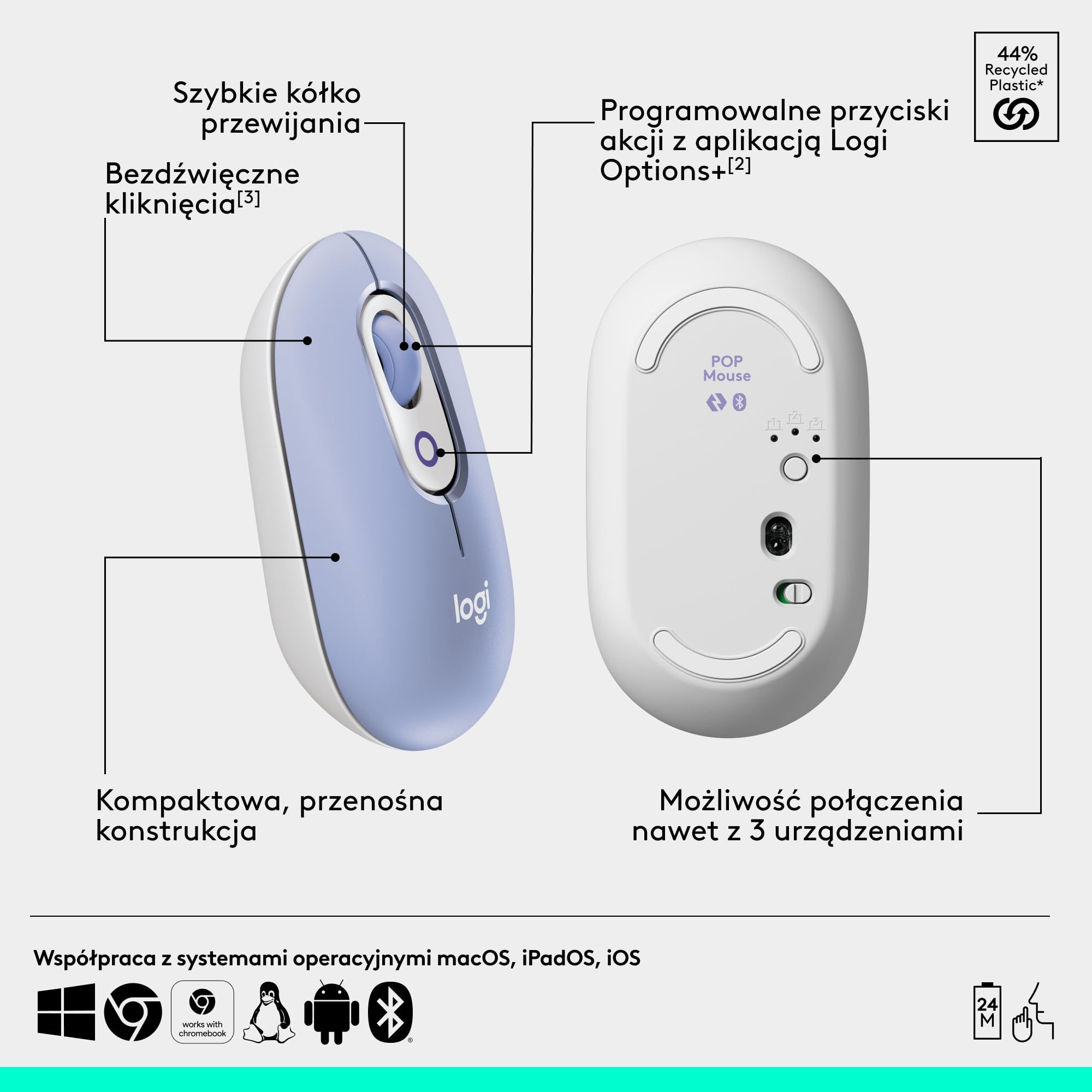 Logitech POP Mouse, przenośna bezprzewodowa mysz Bluetooth z programowalnymi przyciskami, cichymi kliknięciami, z łatwym przełączaniem Easy-Switch, laptopem, tabletem, komputerem PC — Liliowy