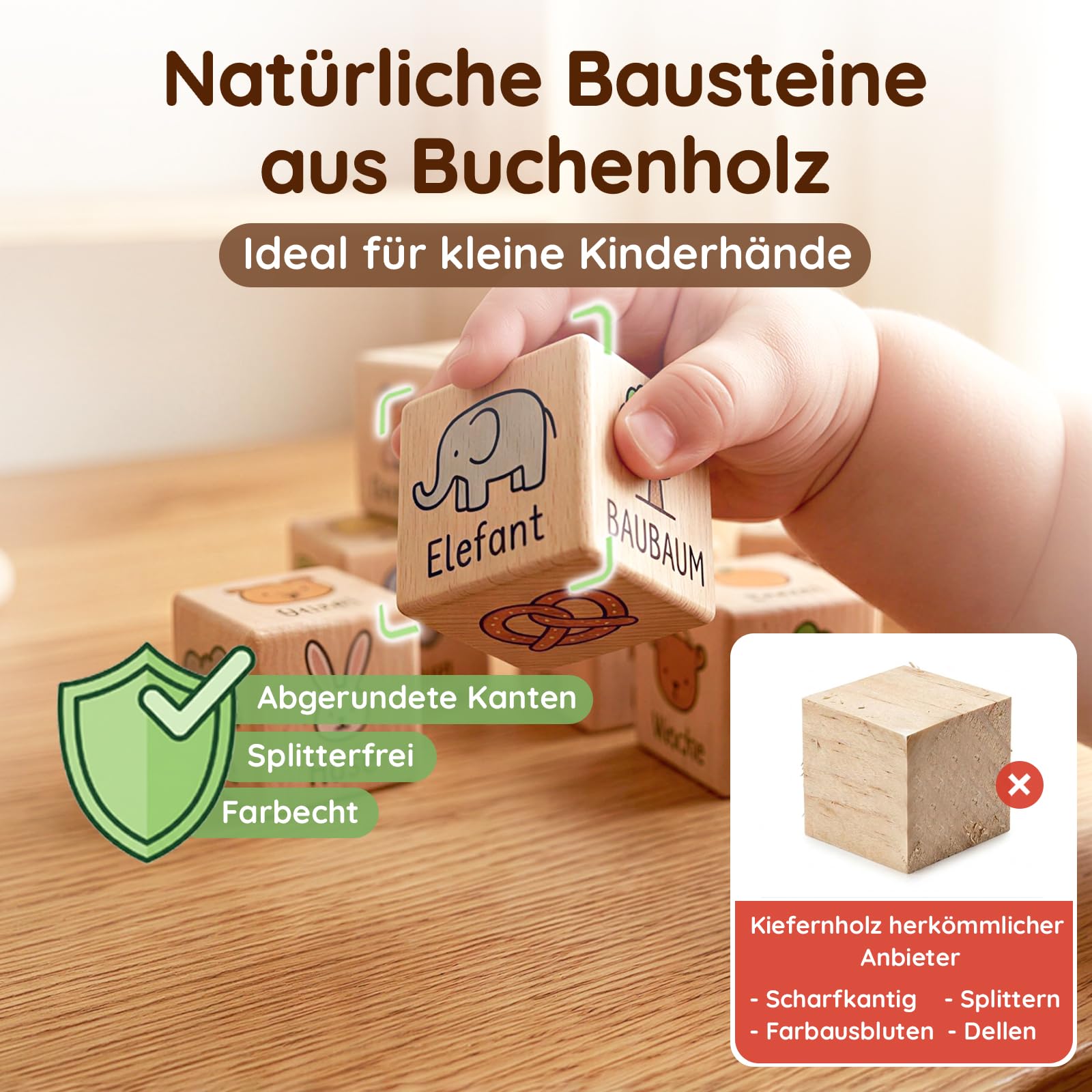 Babyparty Spiele DIY Buchen-Bausteine | 48 Holzbausteine, 24 Acrylmarker, 1 Holzbox, 105 Schablonen, 1 Poster & Halter (Naturholz | verschiedene Sonderformen)