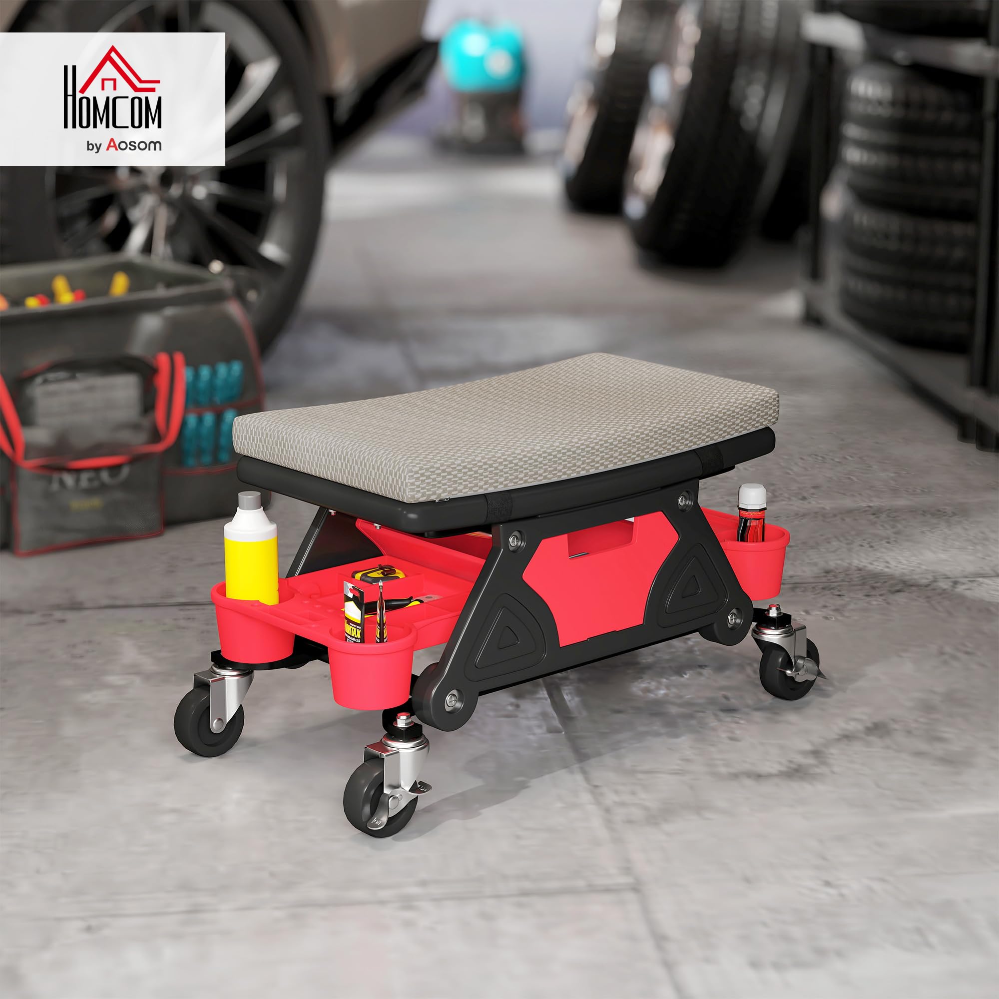 HOMCOM Werkstatthocker mit Rollen Ablagefläche Schublade 35cm hoch Rollhocker bis 135 kg belastbar Arbeitshocker Rollsitz Werkstattsitz für Werkstatt Grau