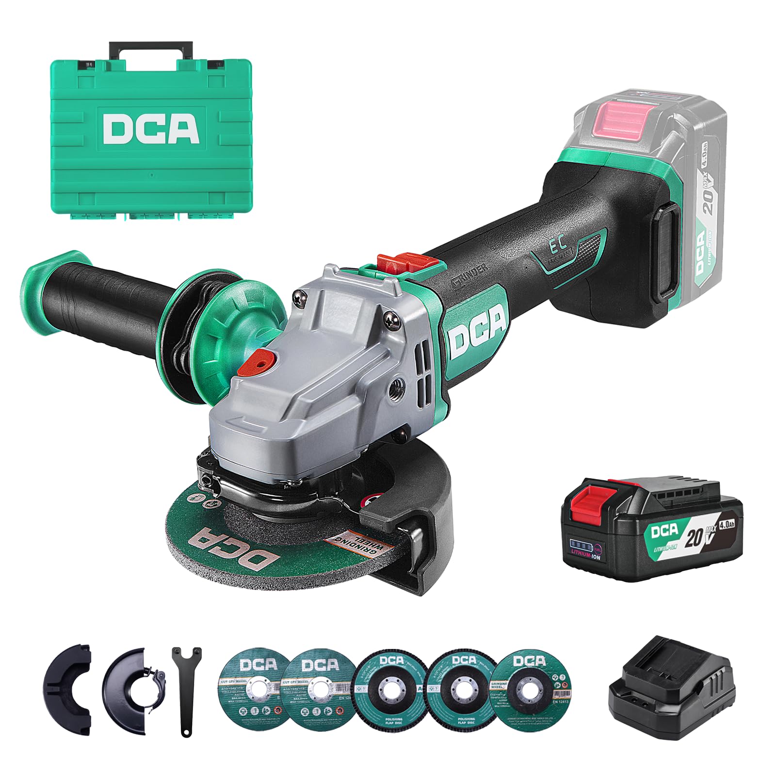 DCA Bezprzewodowa szlifierka kątowa 20 V, Ø125 mm, w zestawie akumulator 4,0 Ah i szybka ładowarka, 8500 obr./min Szlifierka kątowa z szybkozłączką, 6 tarcz do piłowania, szlifowania
