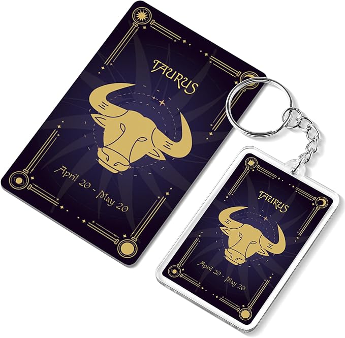 Taurus Zodiac Gift Set, Astrology Horoscope Keychain and Card, Unique Taurus Birthday Gift for Women and Men, April May Zodiac Sign Constellation Accessory, Made in USA (2-Pack)