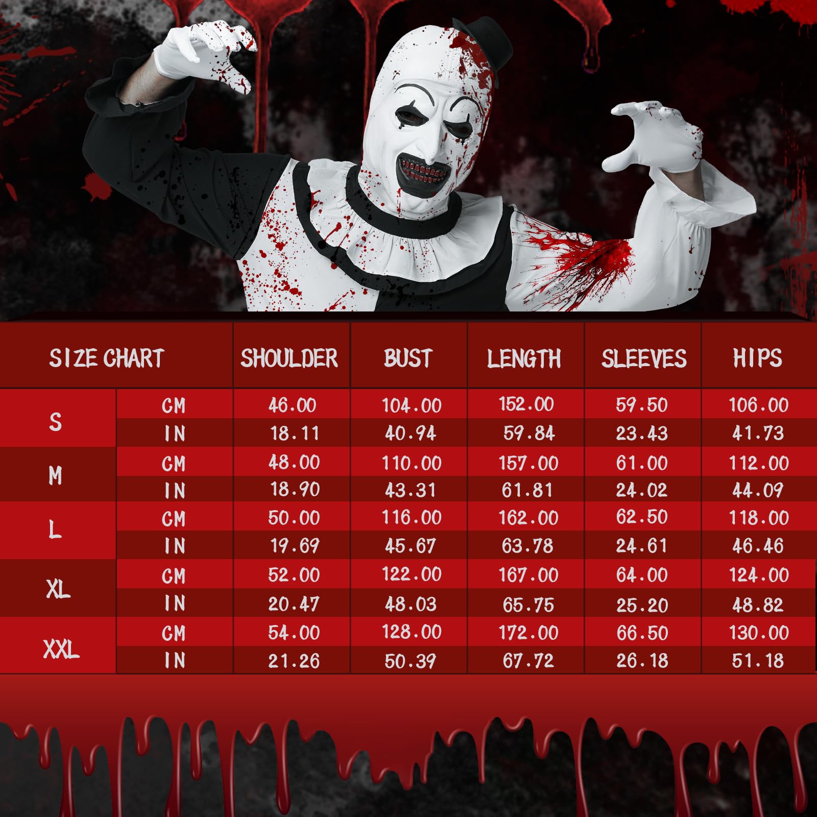 Kostium męski z horroru, terrifier na Halloween, kostium typu clown, zestaw z czarno-białym kombinezonem i maską z horroru terryfizera, na Halloween, karnawał