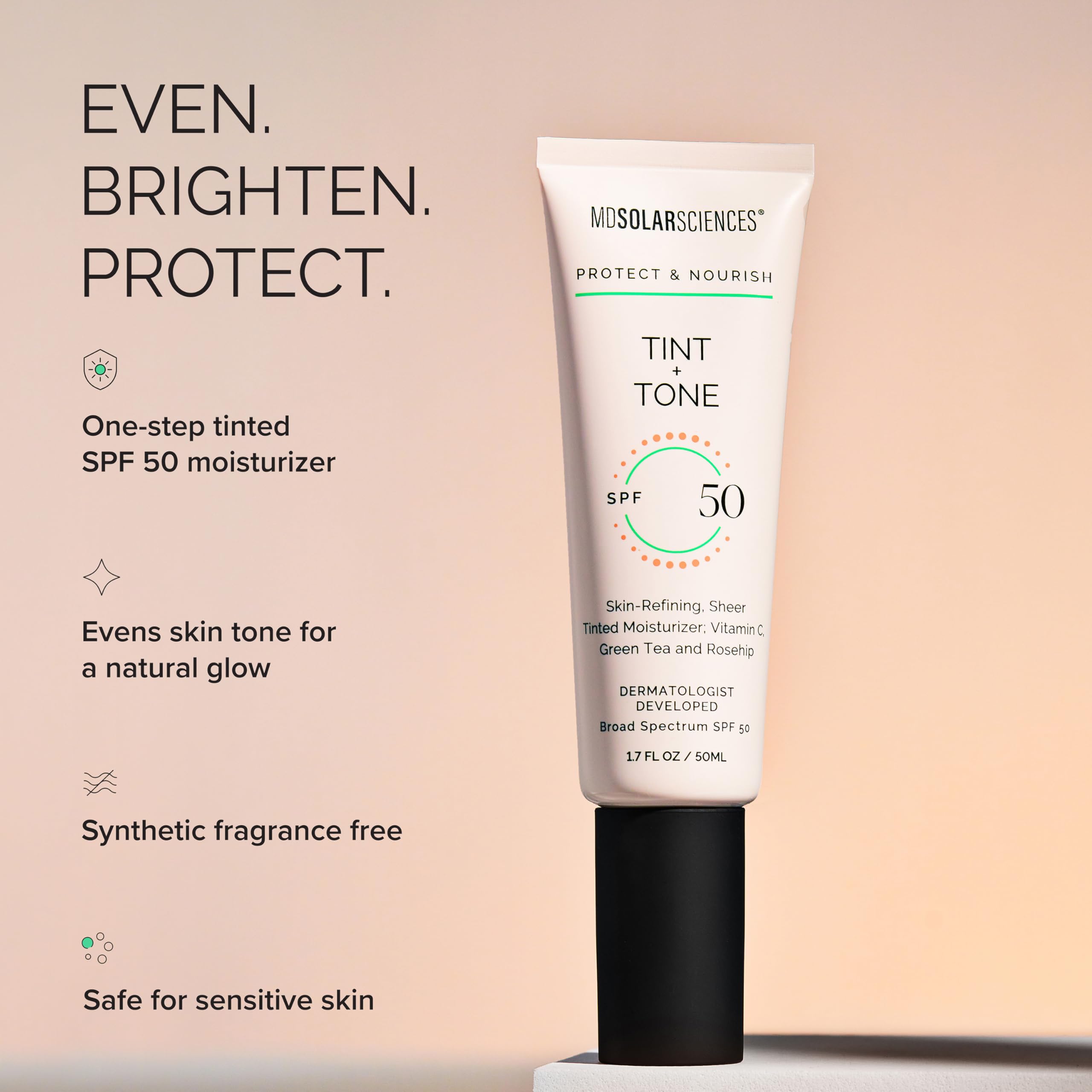 MDSolarSciences Tint + Tone Sheer Tinted Moisturizer SPF 50 | Evens Skin Tone, Brightens & Hydrates | Ceramides, Antioxidants & Vitamin C | Clinically Proven | Safe for Sensitive Skin (1.7 Fl Oz)