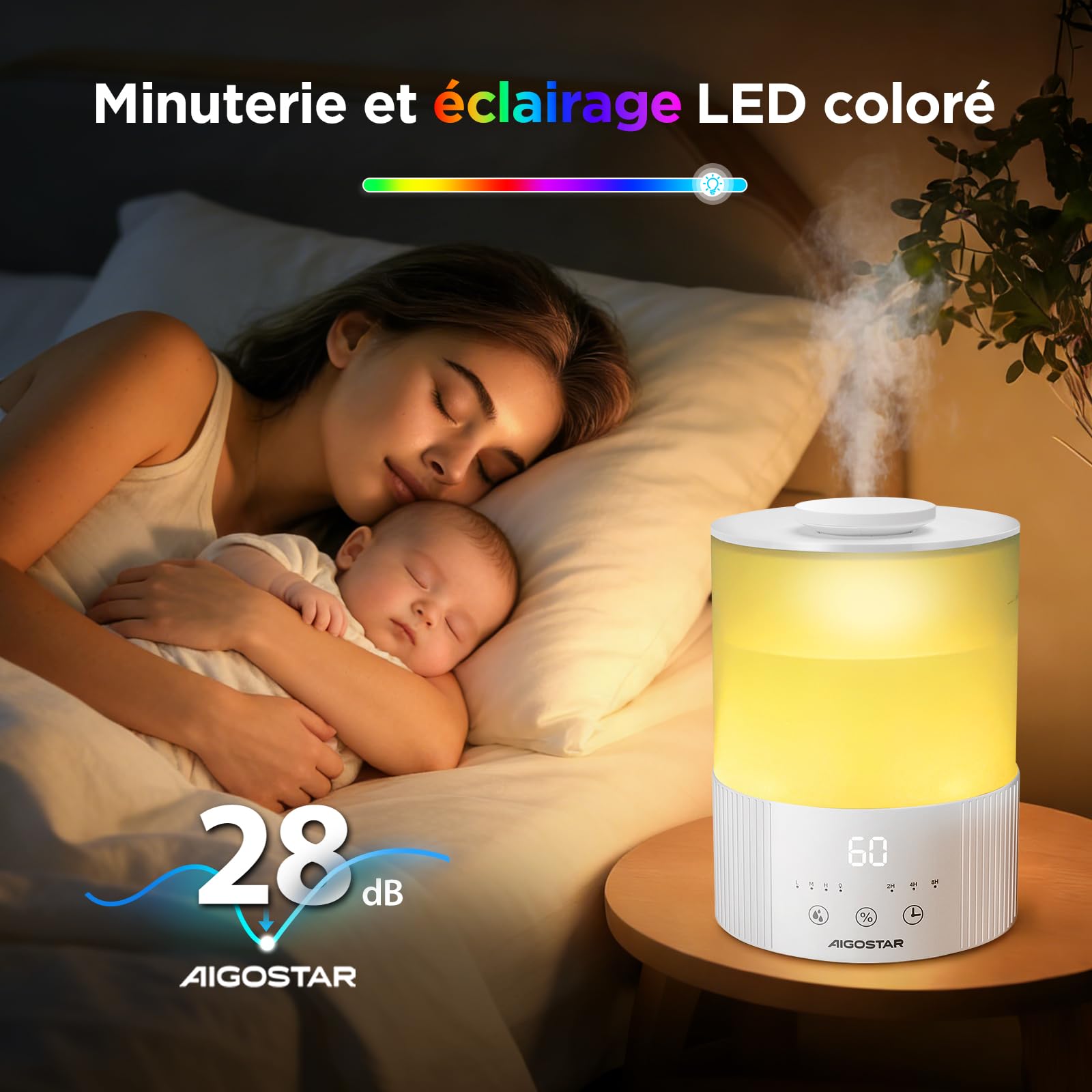 Aigostar Humidificateur d'Air 2,5L Ultra Silencieux avec Diffuseur d’Huiles Essentielles, Minuterie 8H & Veille, Arrêt Auto, 3 Niveaux de Brume, LED 7 Couleurs – Idéal pour Bébé, Chambre, Bureau