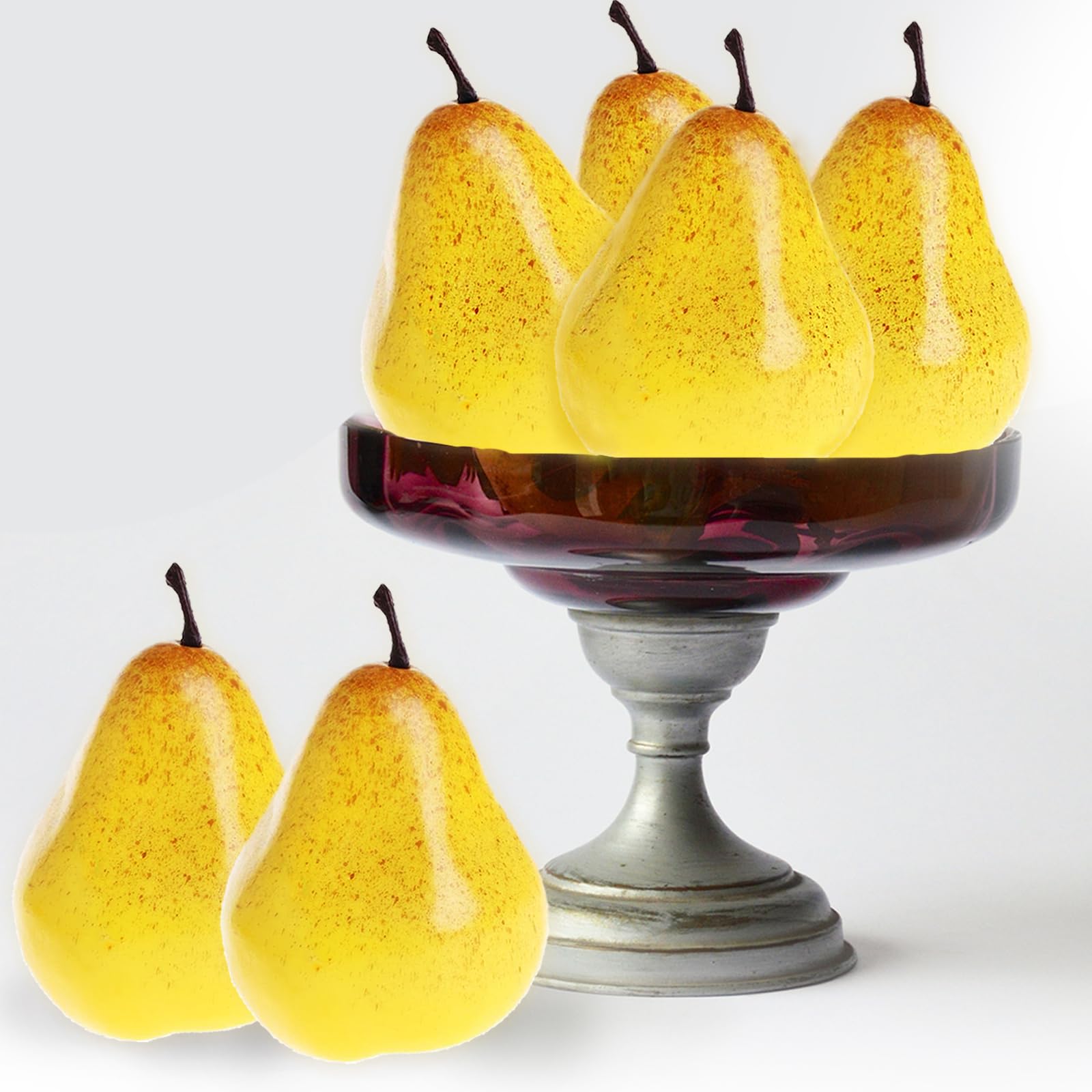 Tuxiaobu Artificial Fruits Set, 6 Pcs Artificial Yellow Pears for Decoration Lifelike, Fake Faux Pear Imitation Plastic Fruit Decorations for Kitchen Home Party Pub Table Photography Prop Ornament