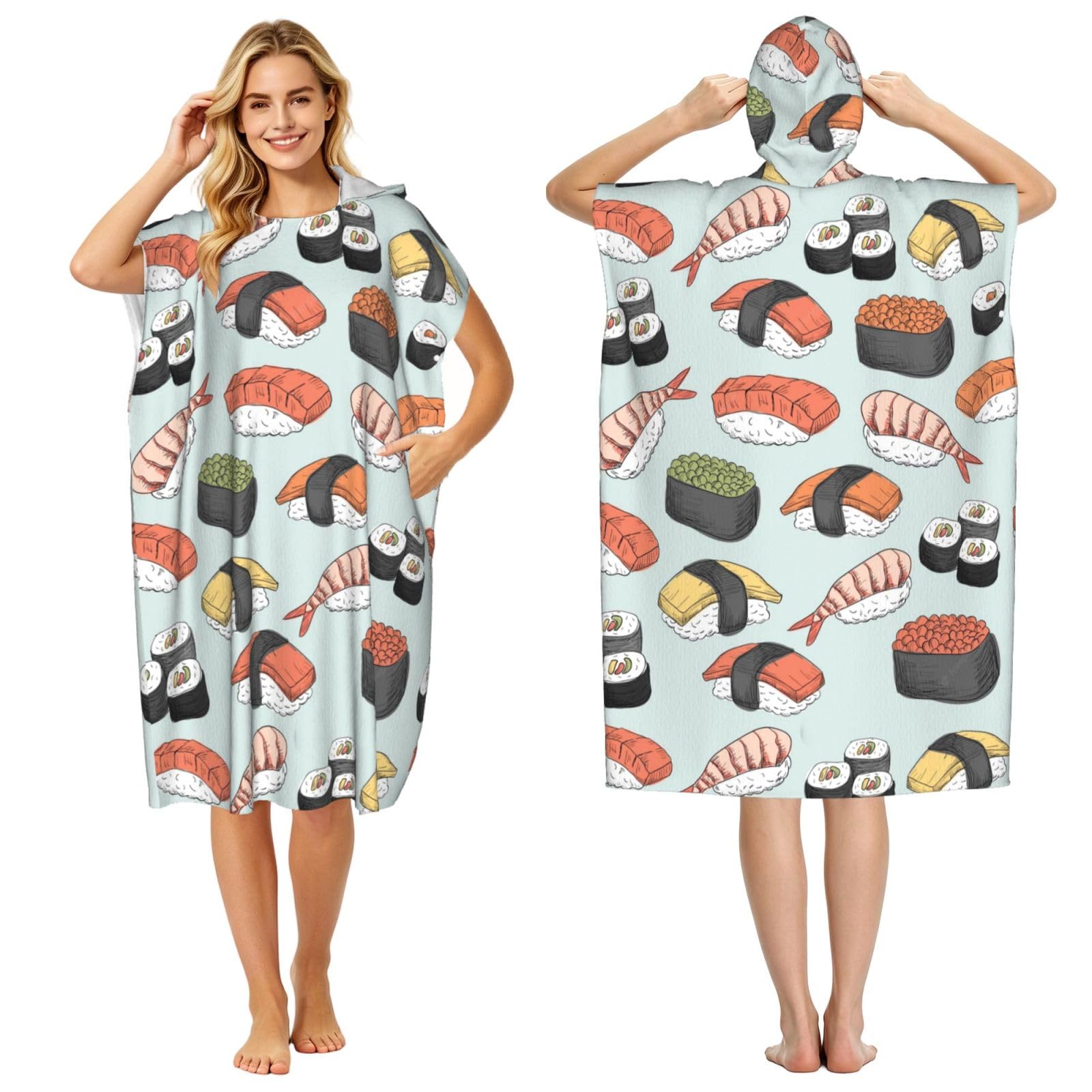 Poadnly Sushi, Adult Hooded Beach Towel 90 x 110 cm,Changing Bath Robe, Surf Poncho Towel For Women Men