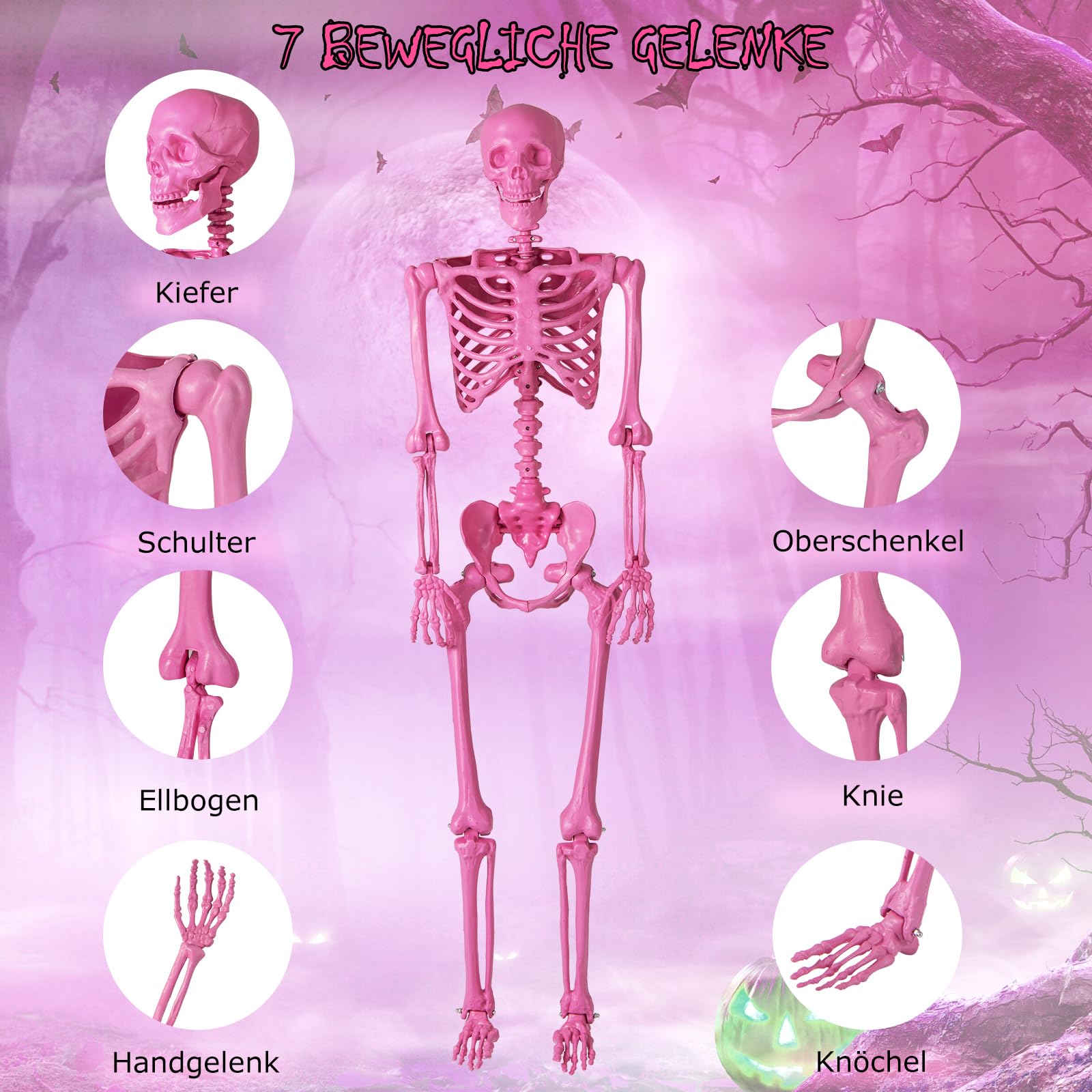 GYMAX 160 cm Halloween Skelett, lebensgroßes Bewegliches Skelett mit 8 Gelenken, Halloween Deko für Innen & Außen, als Skelett-Dekoration für Friedhofspartys & Spukhaus-Partys (Rosa)
