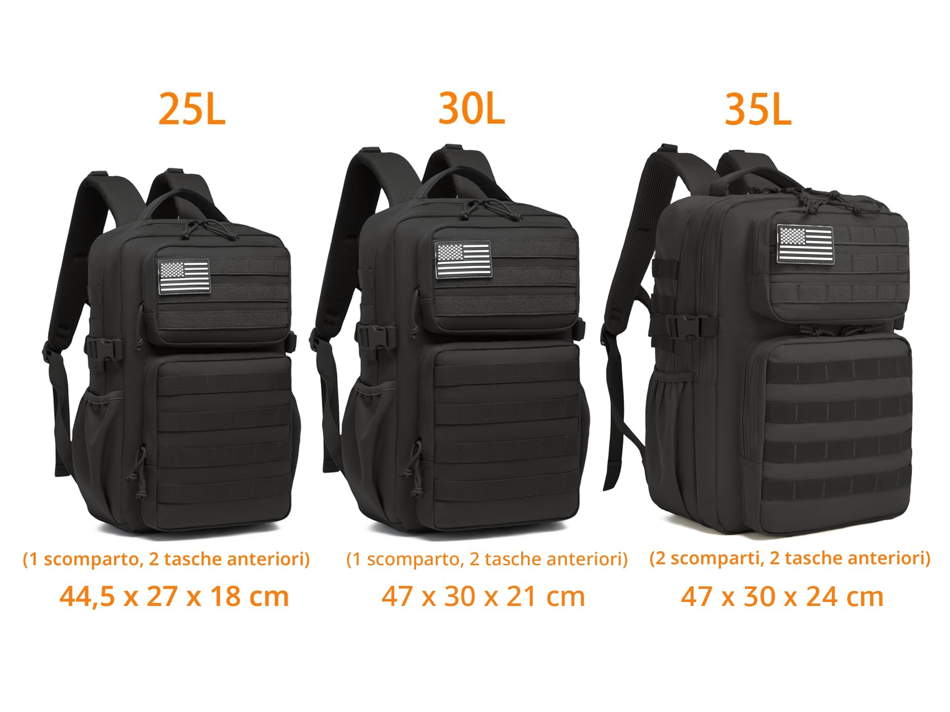 Zaino Tattico Militare Impermeabile 25 L Nero Molle con Porta Borraccia