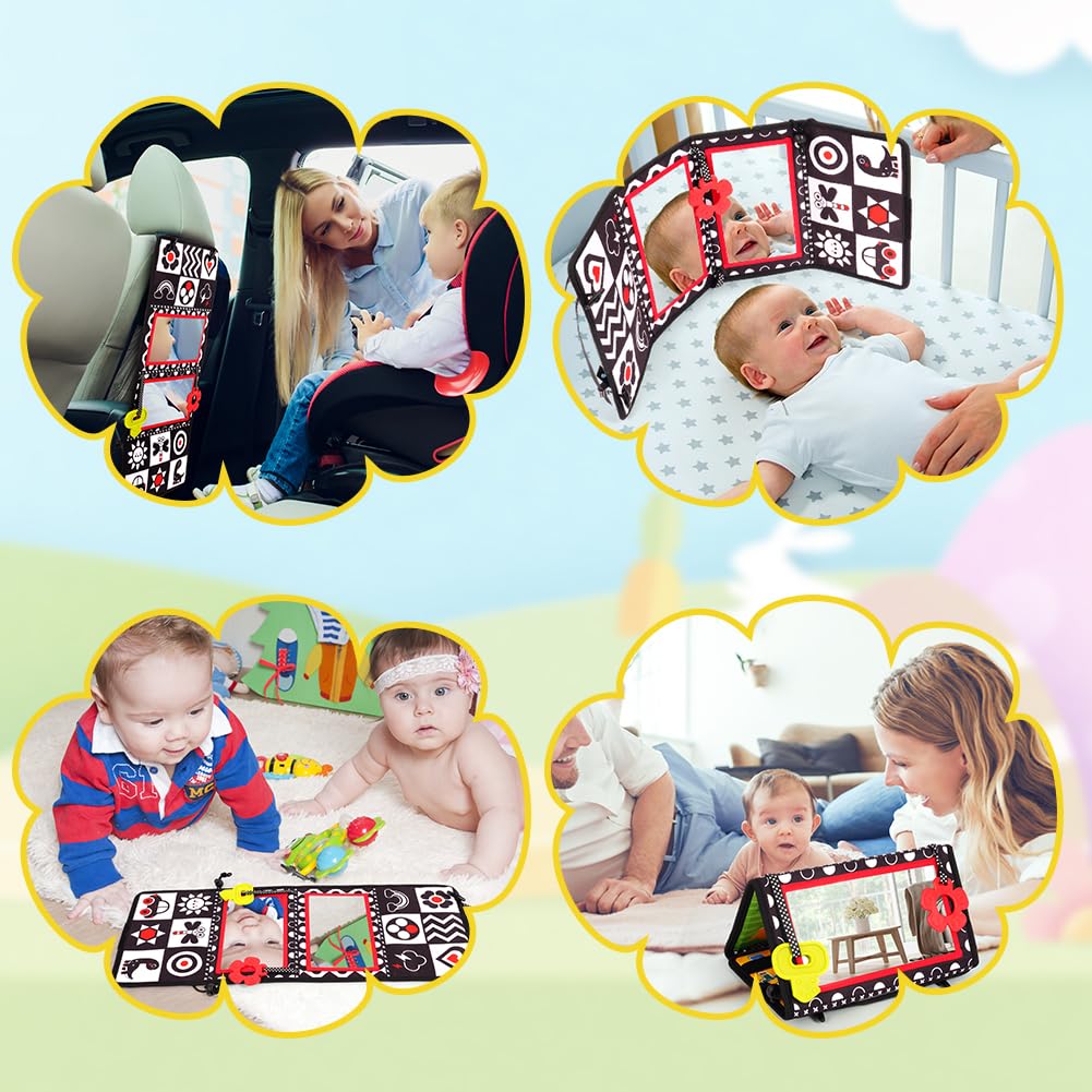 Vicloon Tummy Time Lustrzane zabawki dla niemowląt, składane lusterko, dwustronne lustro dla niemowląt z kontrastowymi wzorami, czarno-białe zabawki sensoryczne dla noworodków w wieku 0-12 miesięcy