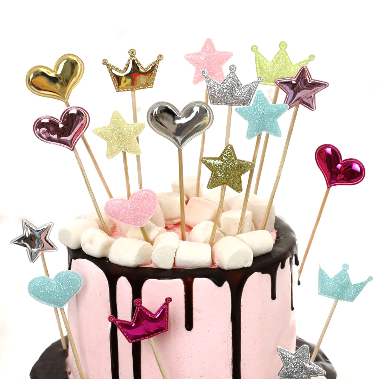 60 stuks cupcaketoppers, kleurrijke cupcaketoppers in ster, hart en
