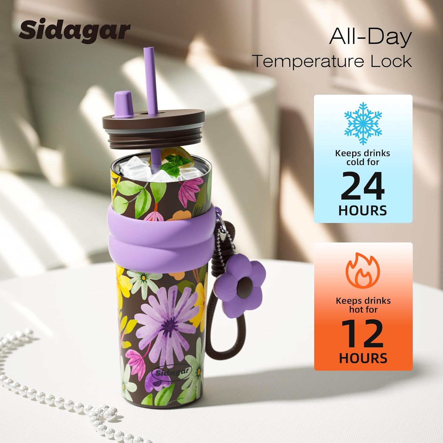 24 oz Insulated Tumbler witn Lid and Straw Stainless Steel, Insulated Reusable Leak Proof Water Bottle with Strap, Floral Brown - Image 5