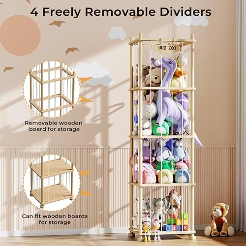 Miniatura 4 de Organizador de almacenamiento de animales de peluche, estante de almacenamiento de juguetes de madera de pino macizo con estantes extraíbles,