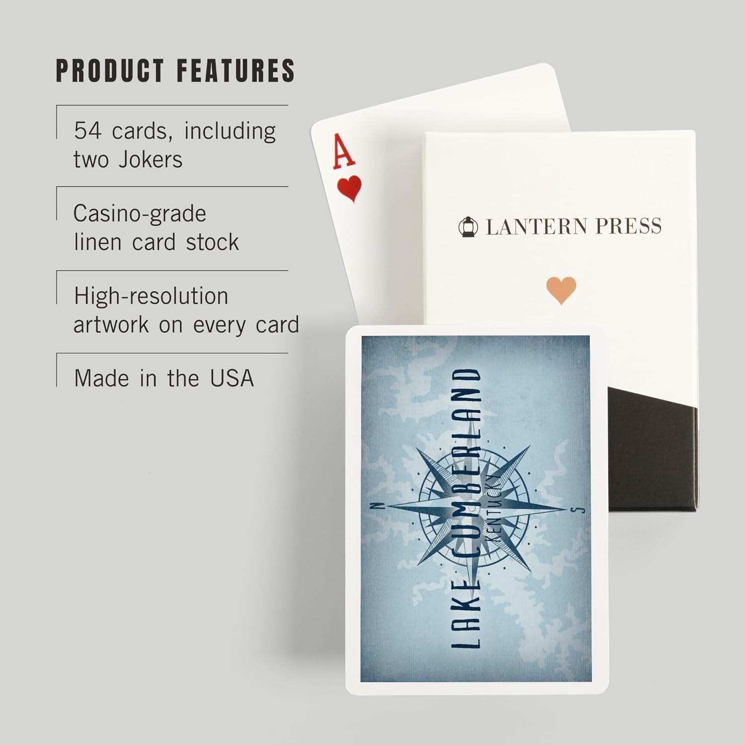 Lantern Press Lake Cumberland, Kentucky, Lake Essentials, Lake and Compass, 52 Playing Cards for Adults, Poker Size Card Deck