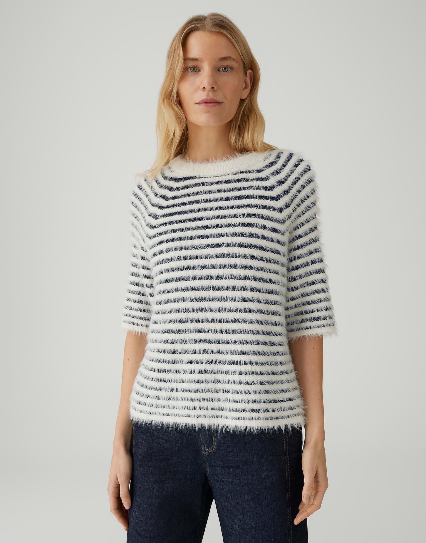 OPUS Damen Pullover | PAIRY Regular Flauschiger Kurzarmstricker mit Streifenmuster