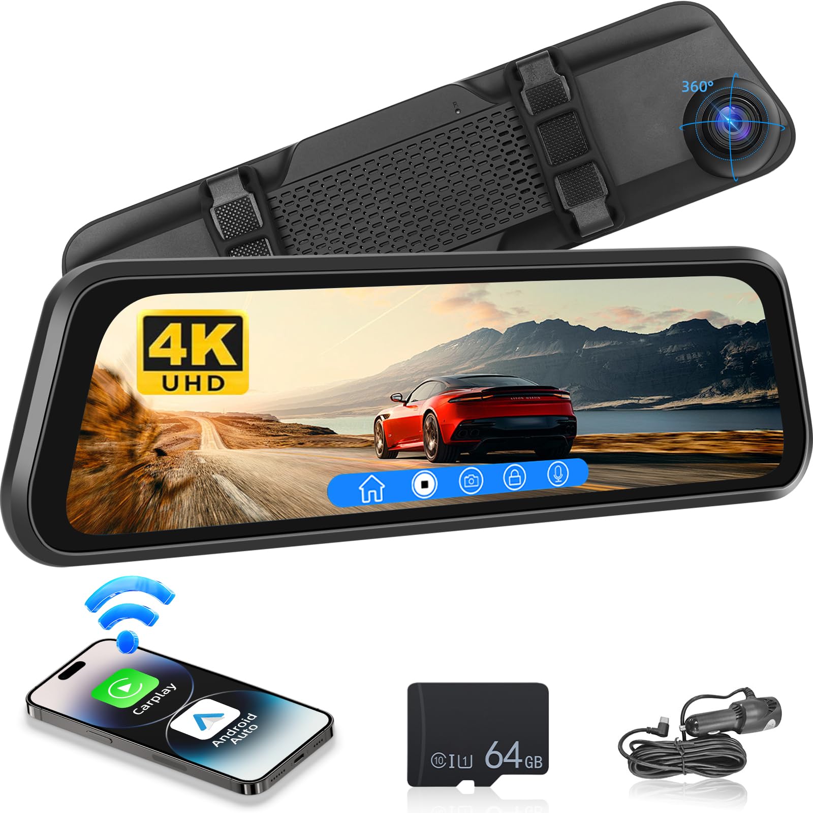Caméra de Voiture 4K avec miroir et écran tactile de 12 pouces - retroviseur camera de recul avec sans fil Carplay & Android Auto - Enregistrement en boucle G-Sensor WiFi Mirror Link FM + carte TF 64G