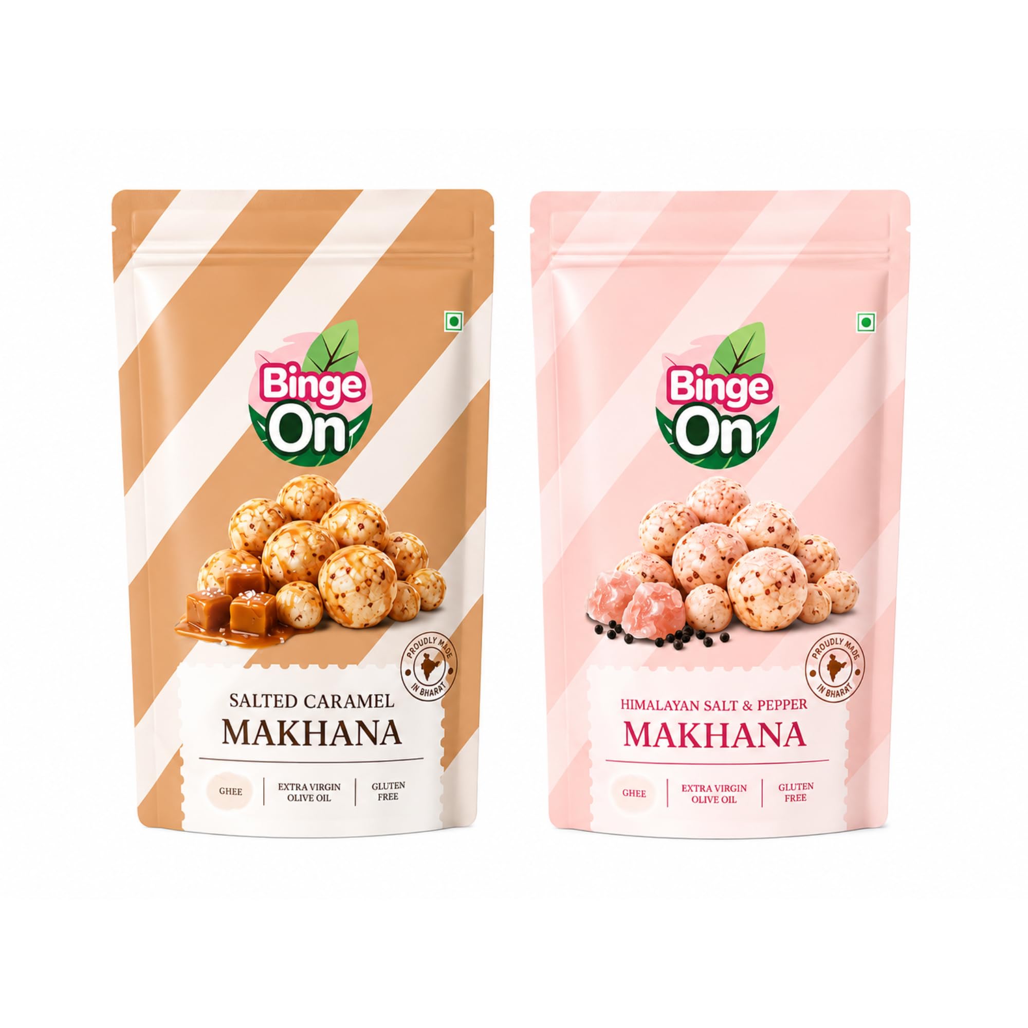 Binge On Sweet & Salt Duo - Ghee Roasted Gourmet Makhana Combo Pack - Himalayan Salt & Pepper + Salted Caramel - Premium Fox Nuts Snack - Crunchy & Flavorful - 20g each pack-image-44
