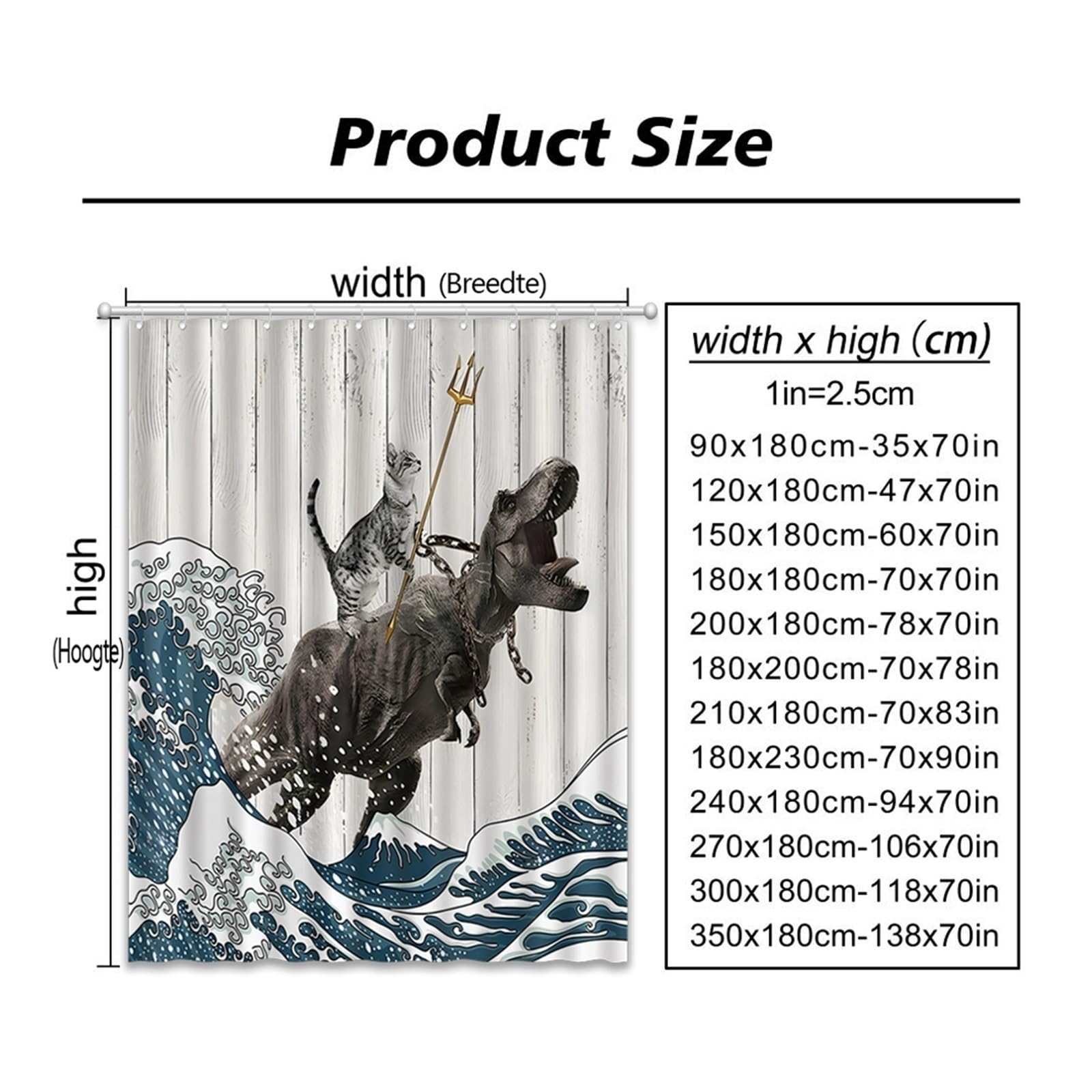 GSJNHY Grappige kat douchegordijn, coole kat dinosaurus Japanse oceaan golf decor stof badkamer gordijnen, kinderen rustiek houten badgordijn (kleur: 2970SD, maat: 150 x 180 cm