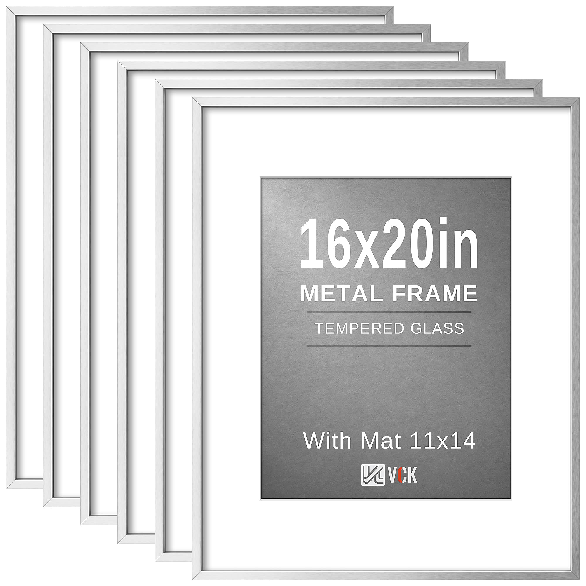 VCK 16x20 Frames Silver Metal, Real Glass, 11x14 Mat, Set of 6, for Picture