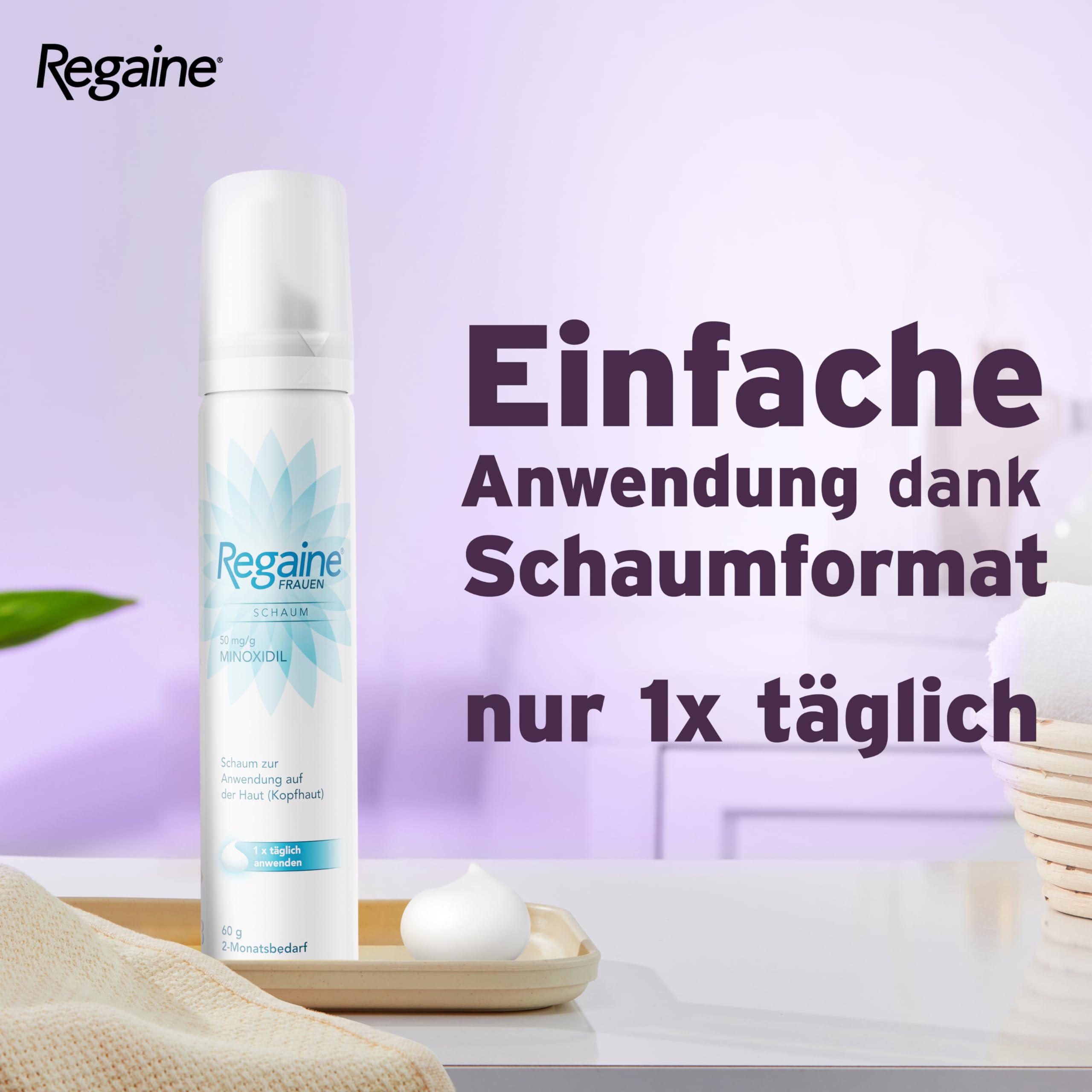 REGAINE Frauen Schaum mit Minoxidil: Stoppt erblich bedingten Haarausfall bei Frauen und regt das Haarwachstum an, 4-Monatspackung, 2 x 60 g