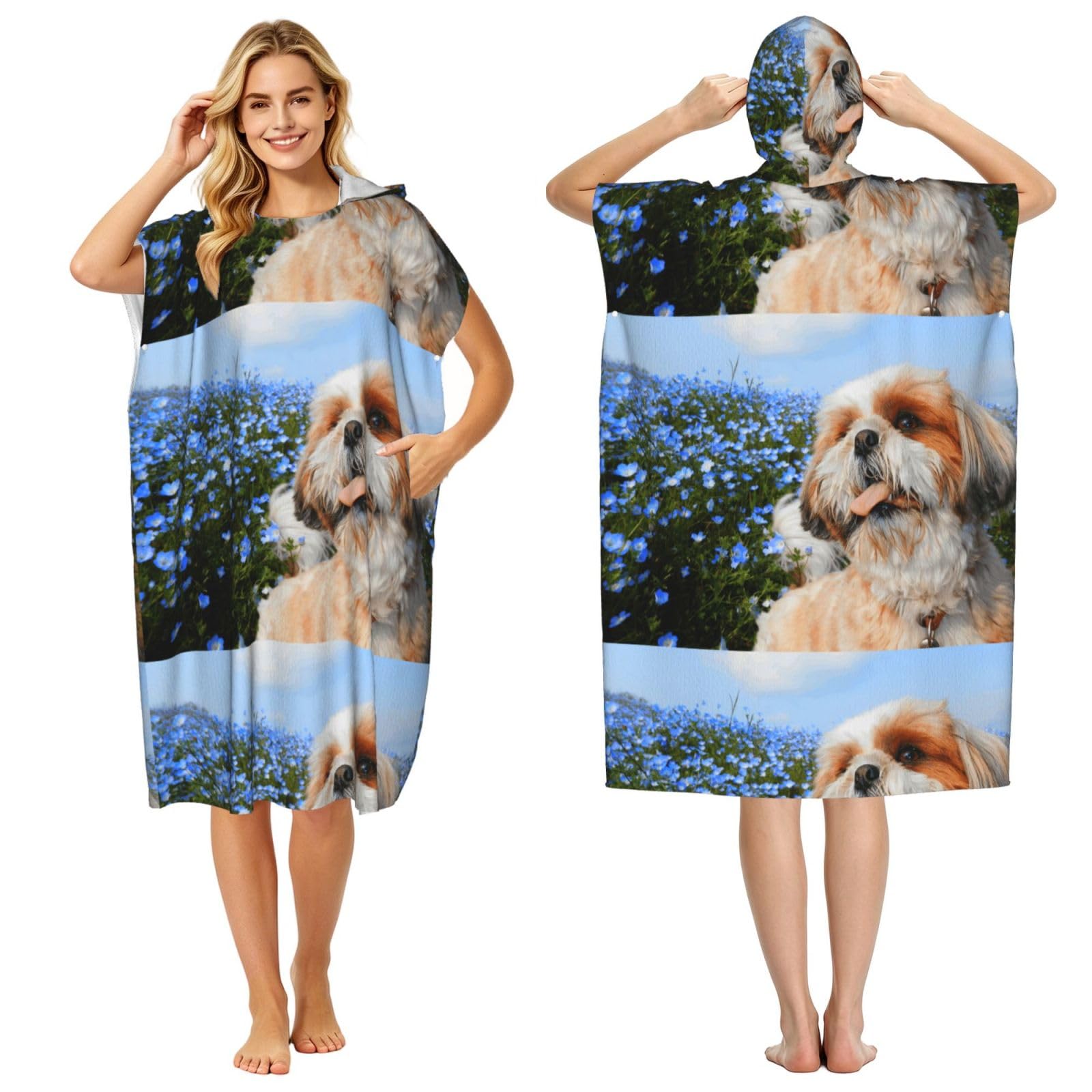 Poadnly Shih Tzu Close-up, Adult Hooded Beach Towel 90 x 110 cm,Changing Bath Robe, Surf Poncho Towel For Women Men