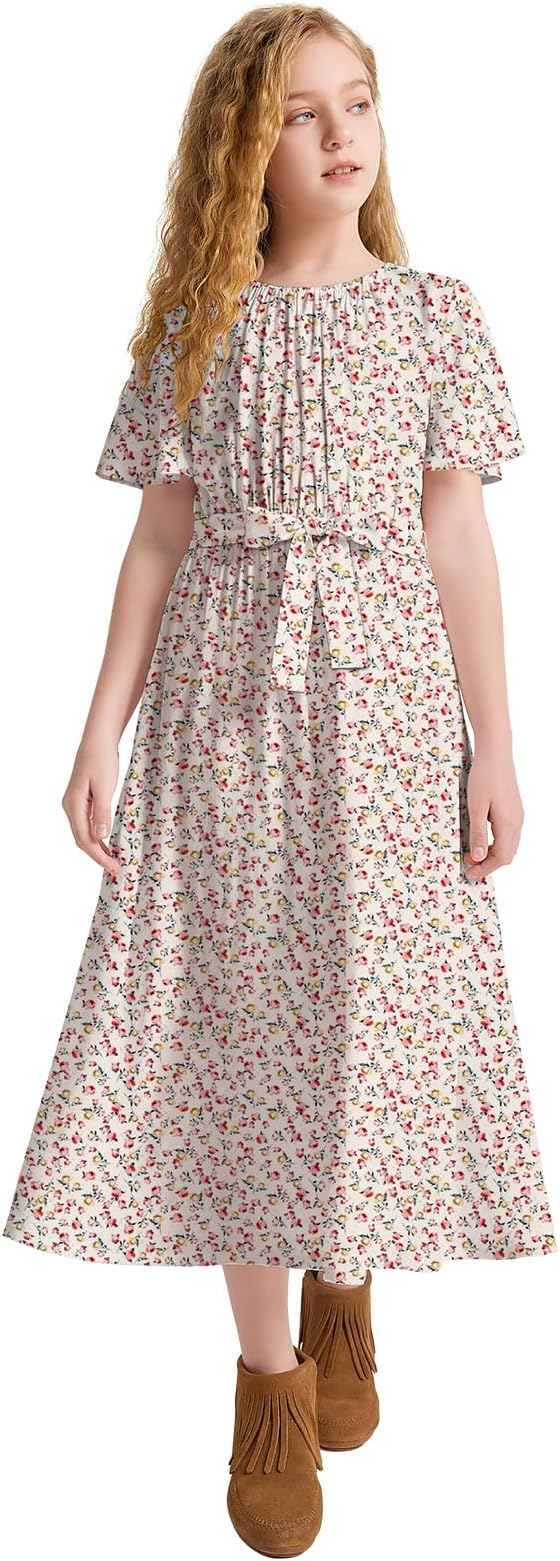 LaBeca Girls Casual Floral Printed Elastic Crew Neck High Waist Ruffle Sleeve Rayon Woven Midi Belted Dress with Pocket