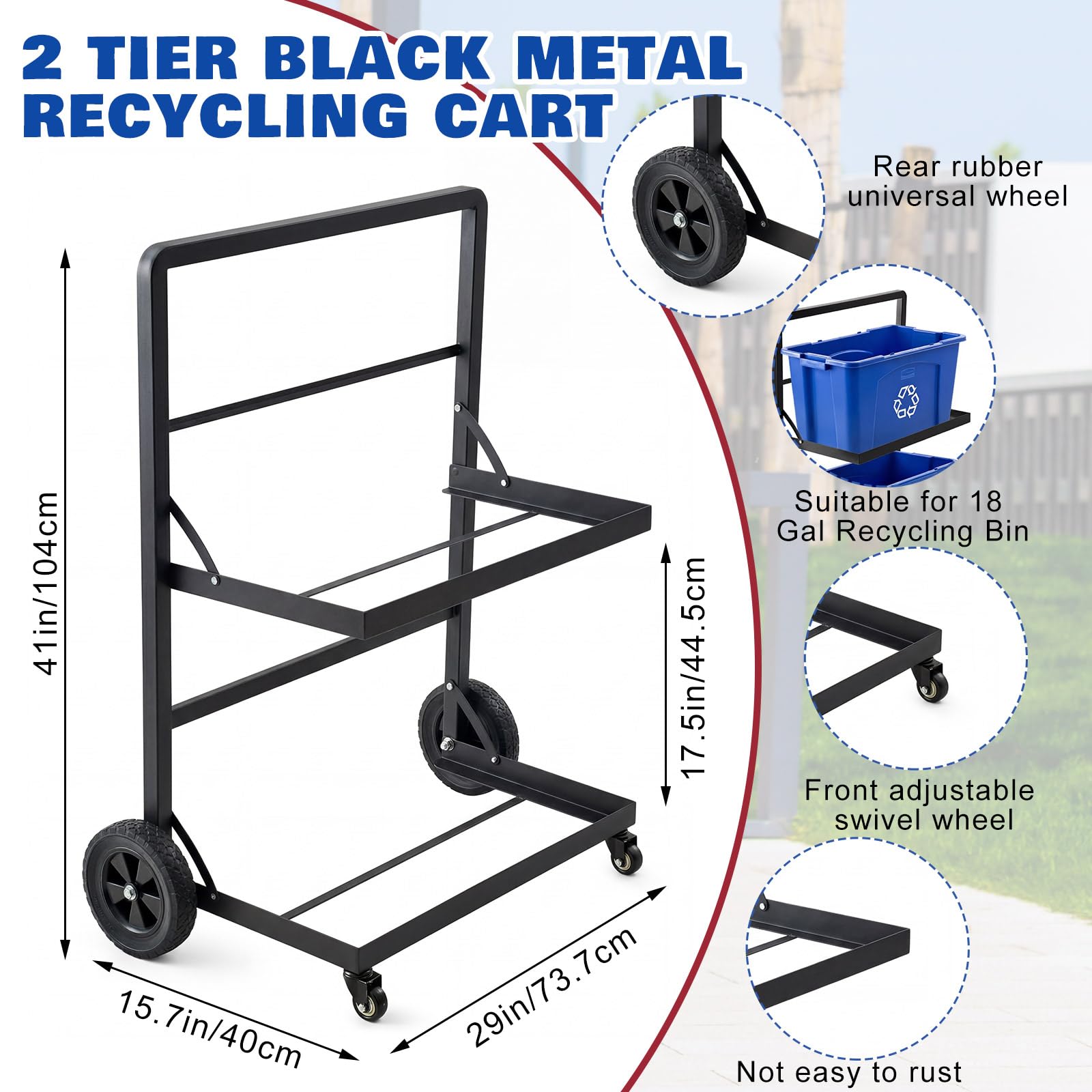 Carrello per la raccolta differenziata a 2 livelli con ruote, carrello per riciclaggio in metallo, per bidoni da 45 litri, carrelli in metallo, 39,9 x 73,7 x 104,1 cm, con ruote in gomma da 20,3 cm
