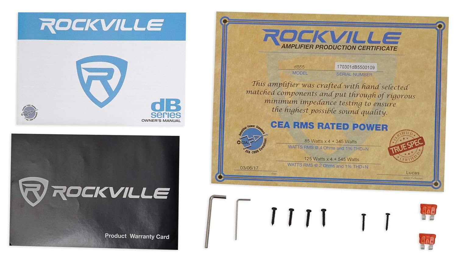 Rockville dB55 Bundle: 4000W Peak / 980W RMS Dyno-Certified 5-Channel Car Amplifier with Adjustable Crossover, RWK42 4-Gauge 4-Channel Amp Wiring Installation Kit with (2) RCA Cables, 2-Items