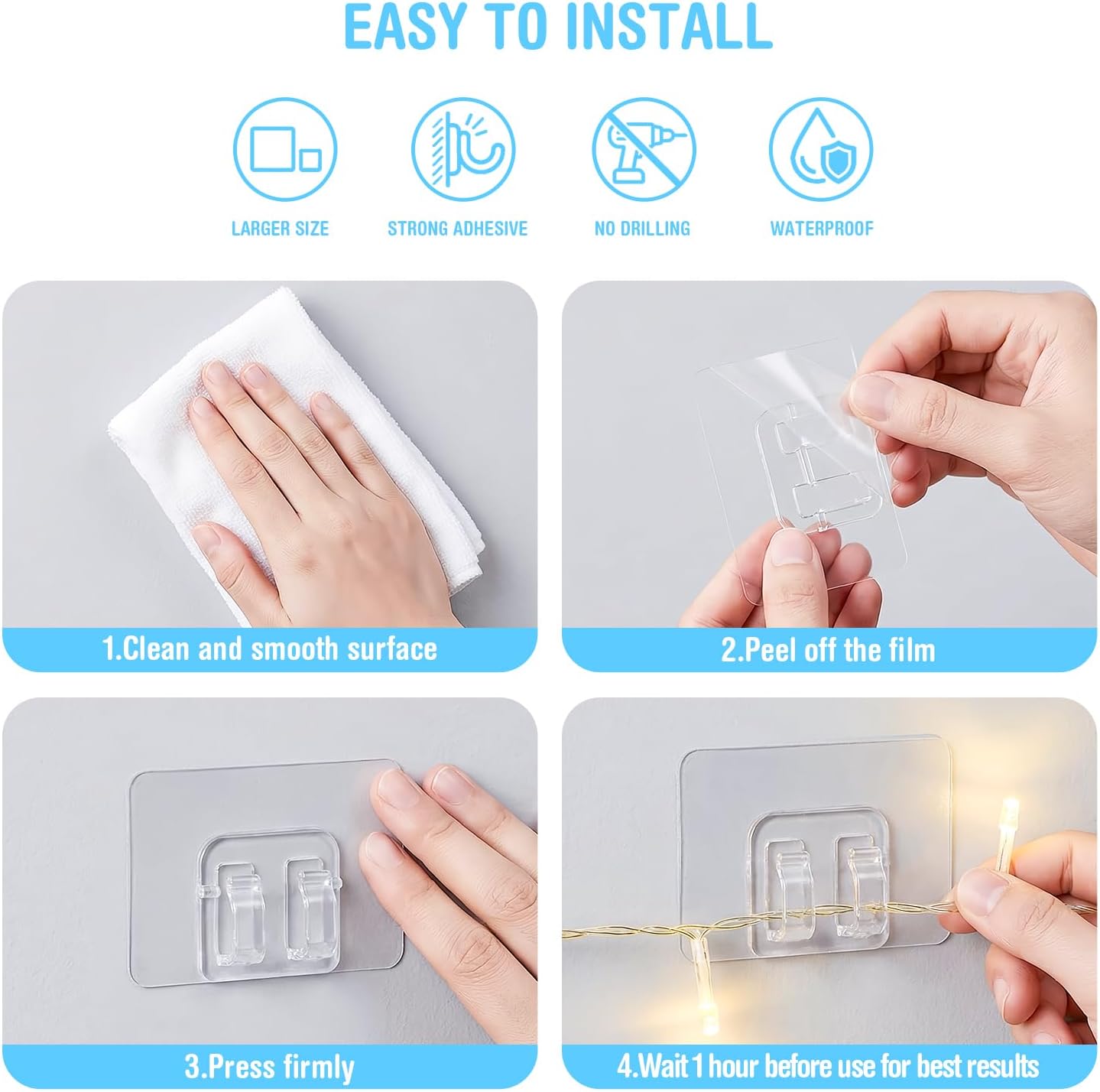 JMEXSUSS Hooks for Outdoor String Lights Clips: 50Pcs Heavy Duty Hooks with Waterproof Adhesive Strips, UV-Resistant Outside Transparent Clips for Hanging Christmas Lights, No Drill