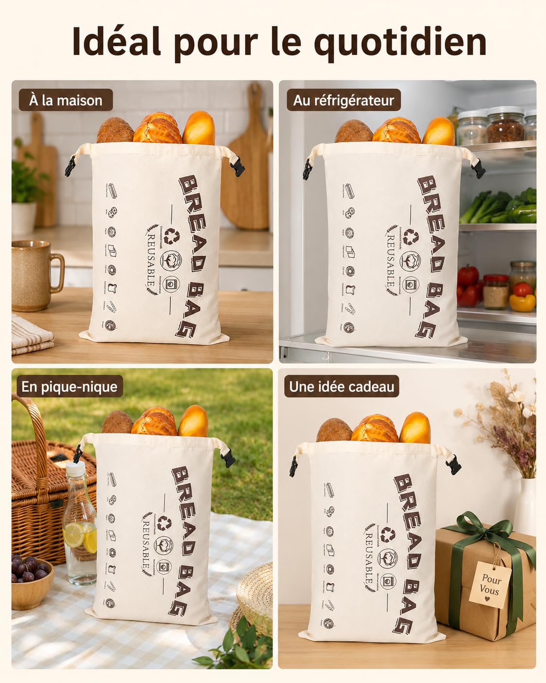 Bienenwachs Brotbeutel 2er Set, 43 x 32 cm, Bienenwachsbeutel aus Baumwolle Wiederverwendbar, Brotbeutel Bienenwachs Rollverschluss mit Klickverschluss und Griff, für Sauerteigbrot, Baguette und Gebä