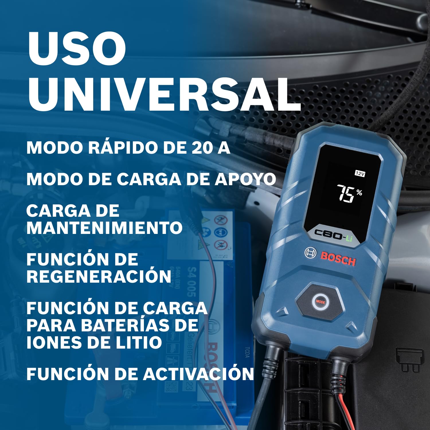 Bosch Cargador de Batería para Coche C80-Li, 15 Amperios, con Función de Carga Continua - para Baterías de Plomo-ácido, AGM, EFB, Gel y SLI, de 6V/12V, y de Litio (LiFePO) de 12V